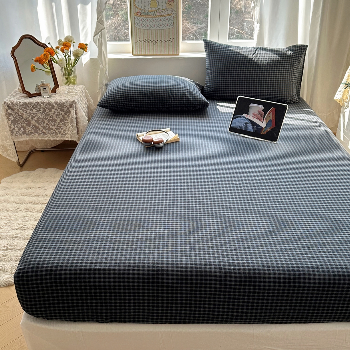91家纺网 家纺一手货源 找家纺 六巷胡同 2026新款A类全棉纯棉水洗棉色织格子单品床笠 床笠单件 追光-蓝格