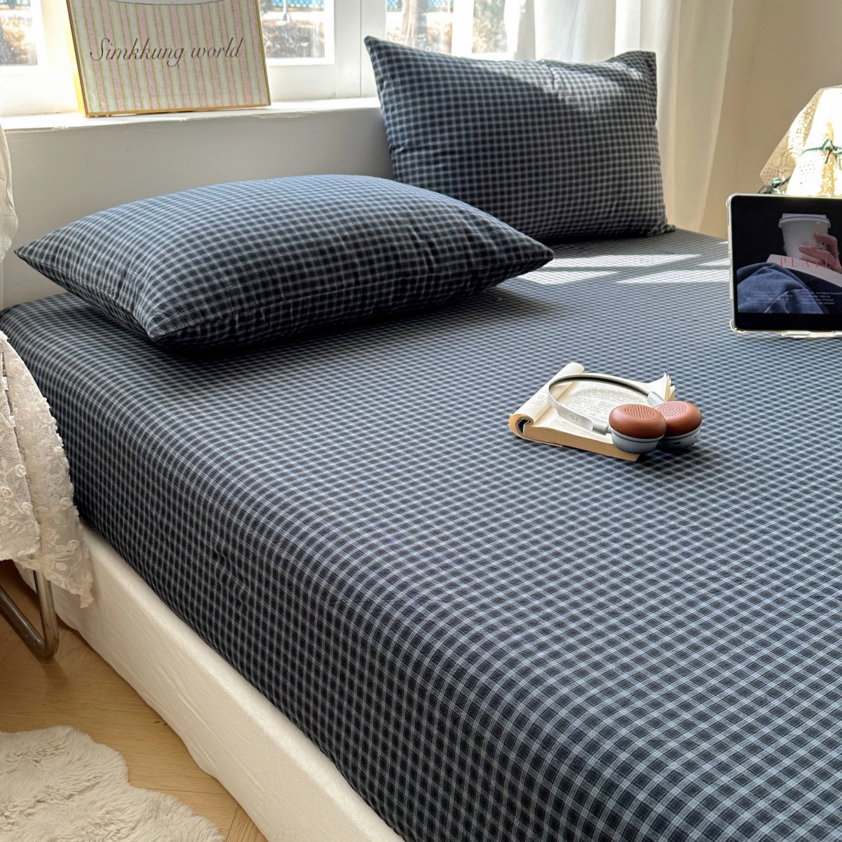 91家纺网 家纺一手货源 找家纺 六巷胡同 2026新款A类全棉纯棉水洗棉色织格子单品床笠 床笠单件 追光-蓝格