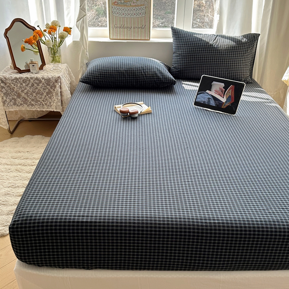 91家纺网 家纺一手货源 找家纺 六巷胡同 2026新款A类全棉纯棉水洗棉色织格子单品床笠 床笠单件 追光-蓝格