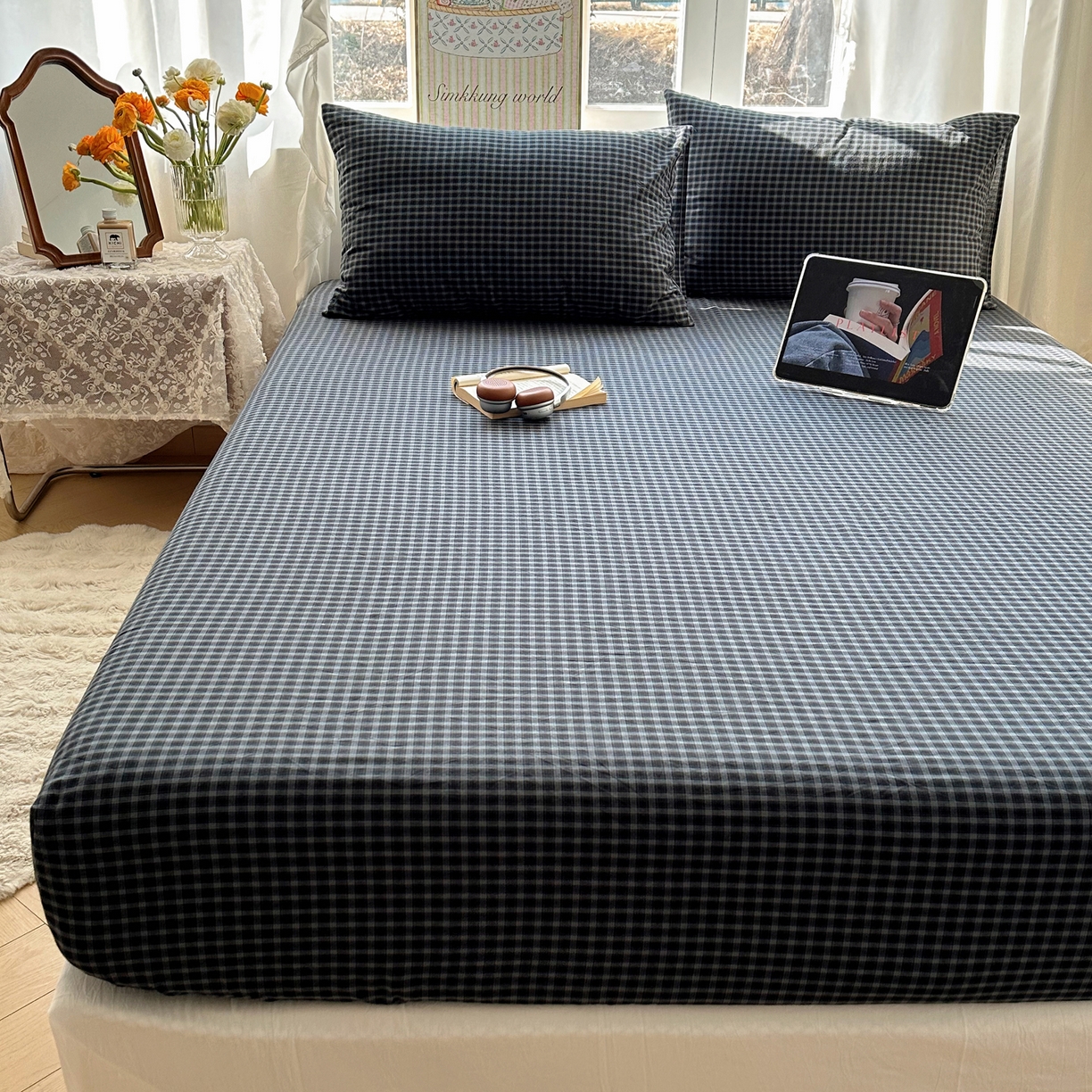 91家纺网 家纺一手货源 找家纺 六巷胡同 2026新款A类全棉纯棉水洗棉色织格子单品床笠 床笠单件 追光-蓝格