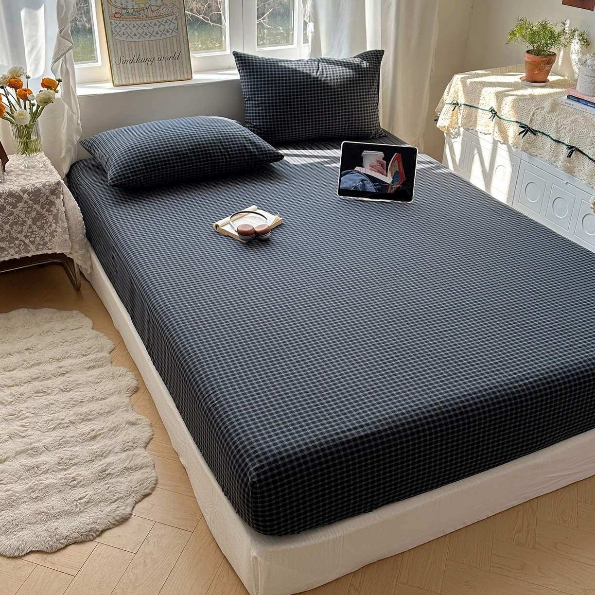 91家纺网 家纺一手货源 找家纺 六巷胡同 2026新款A类全棉纯棉水洗棉色织格子单品床笠 床笠单件 追光-蓝格