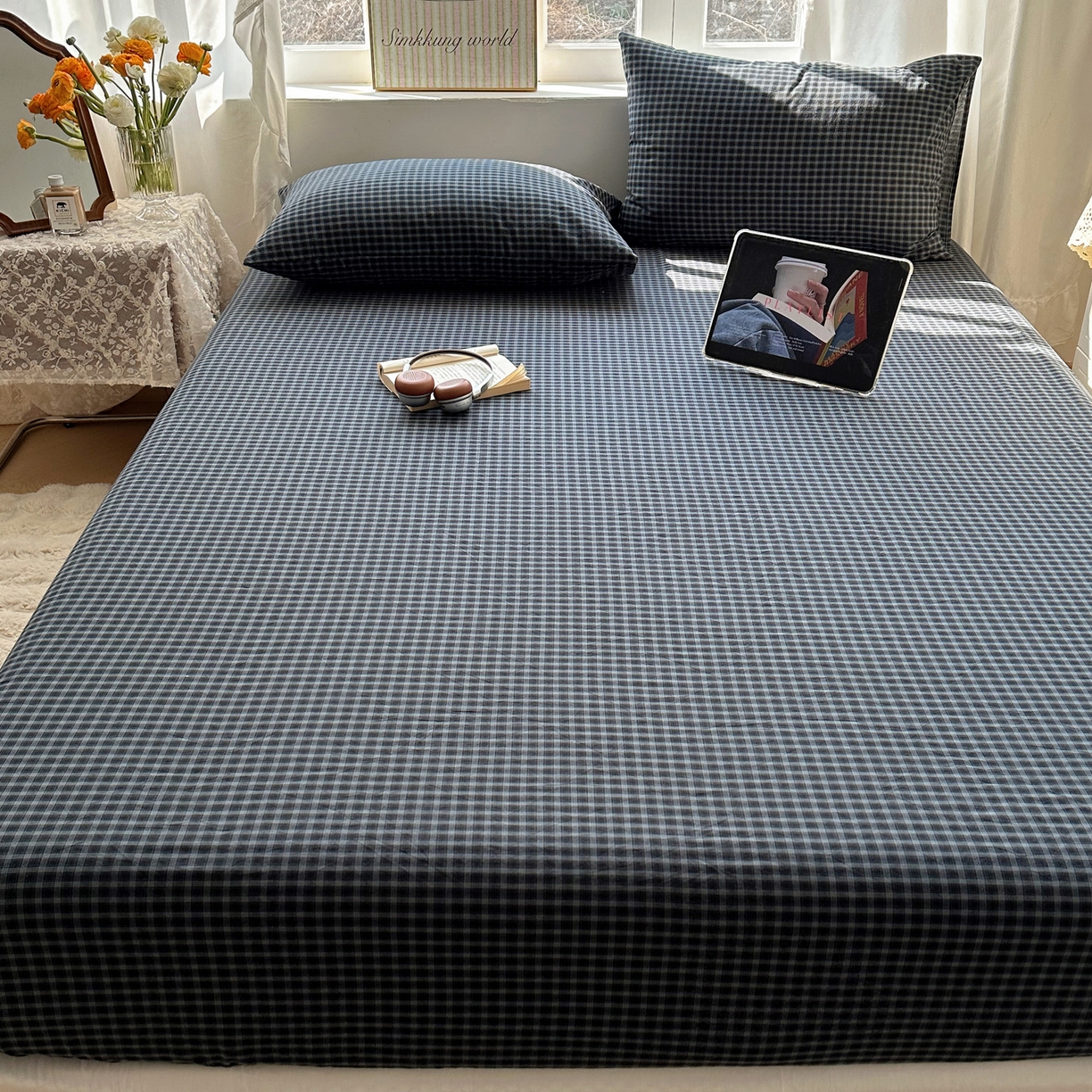 91家纺网 家纺一手货源 找家纺 六巷胡同 2026新款A类全棉纯棉水洗棉色织格子单品床笠 床笠单件 追光-蓝格