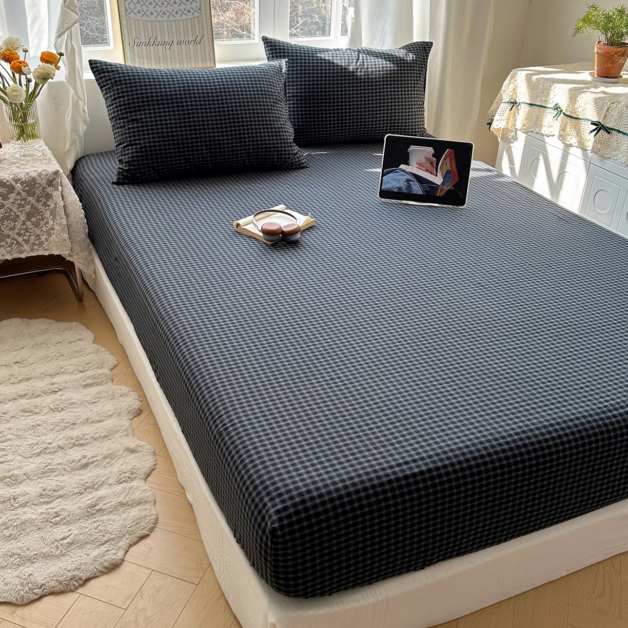 91家纺网 家纺一手货源 找家纺 六巷胡同 2026新款A类全棉纯棉水洗棉色织格子单品床笠 床笠单件 追光-蓝格