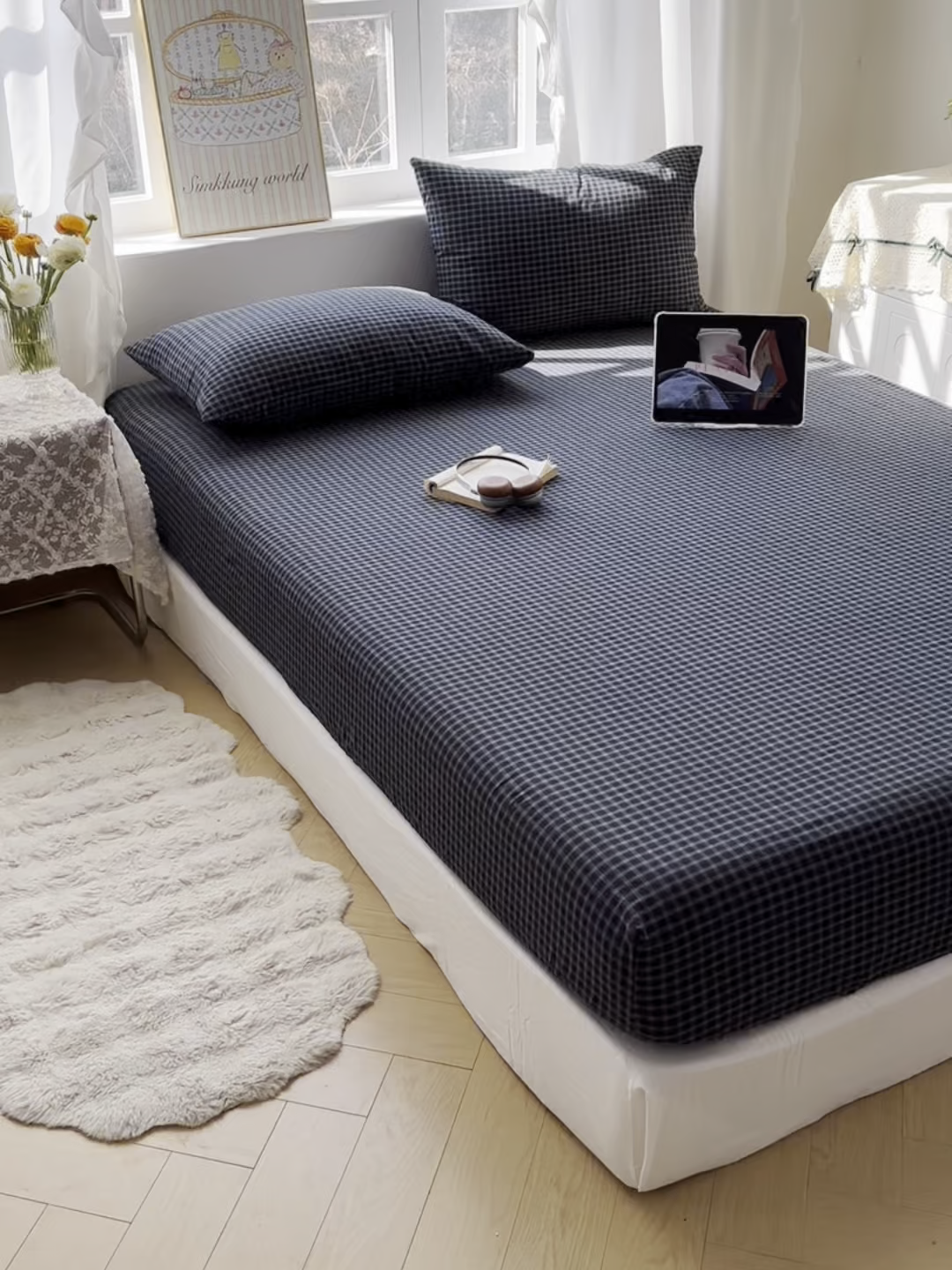 91家纺网 家纺一手货源 找家纺 六巷胡同 2026新款A类全棉纯棉水洗棉色织格子单品床笠 床笠单件 追光-蓝格
