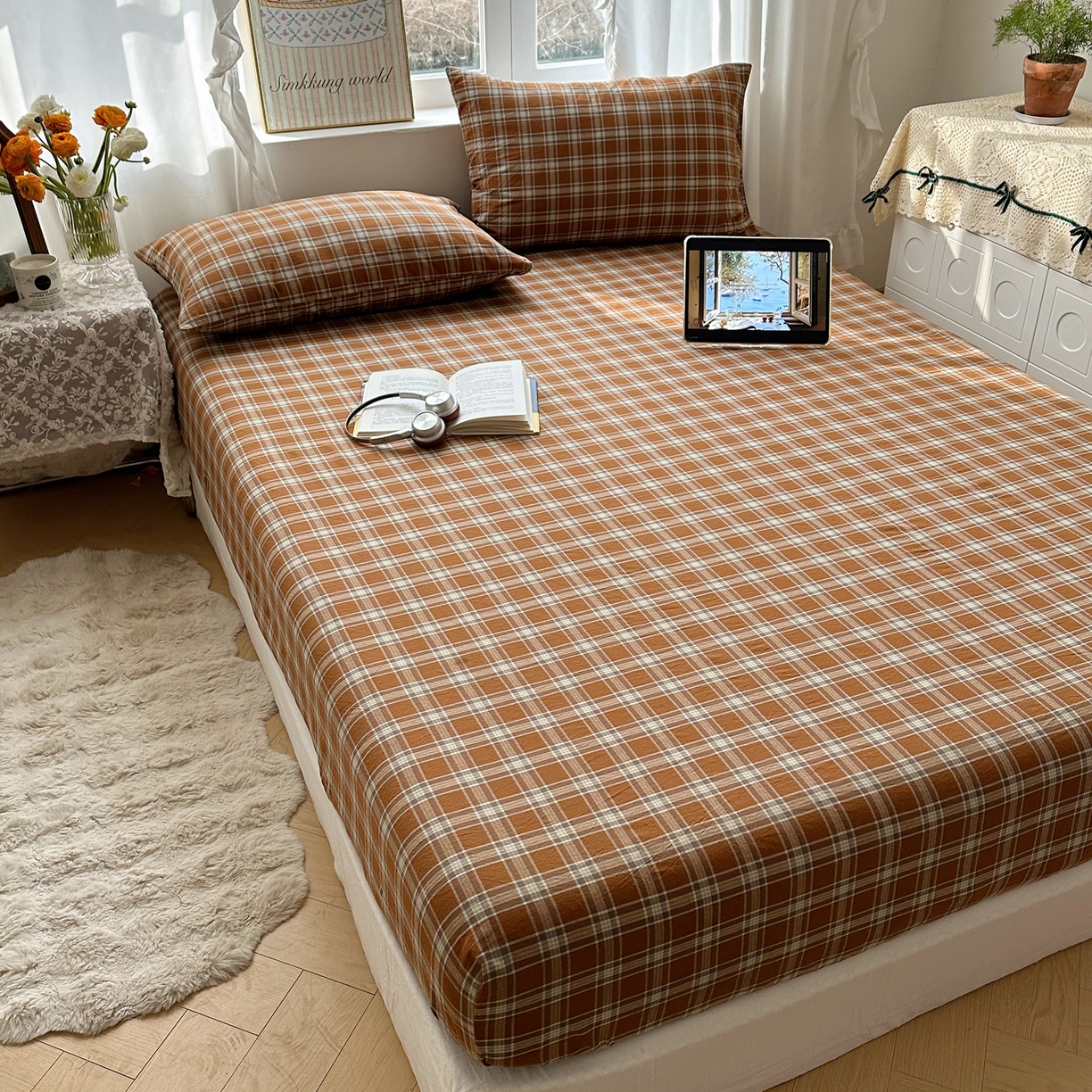 六巷胡同 2026新款A类全棉纯棉水洗棉色织格子单品床笠 床笠单件 川奈-咖格