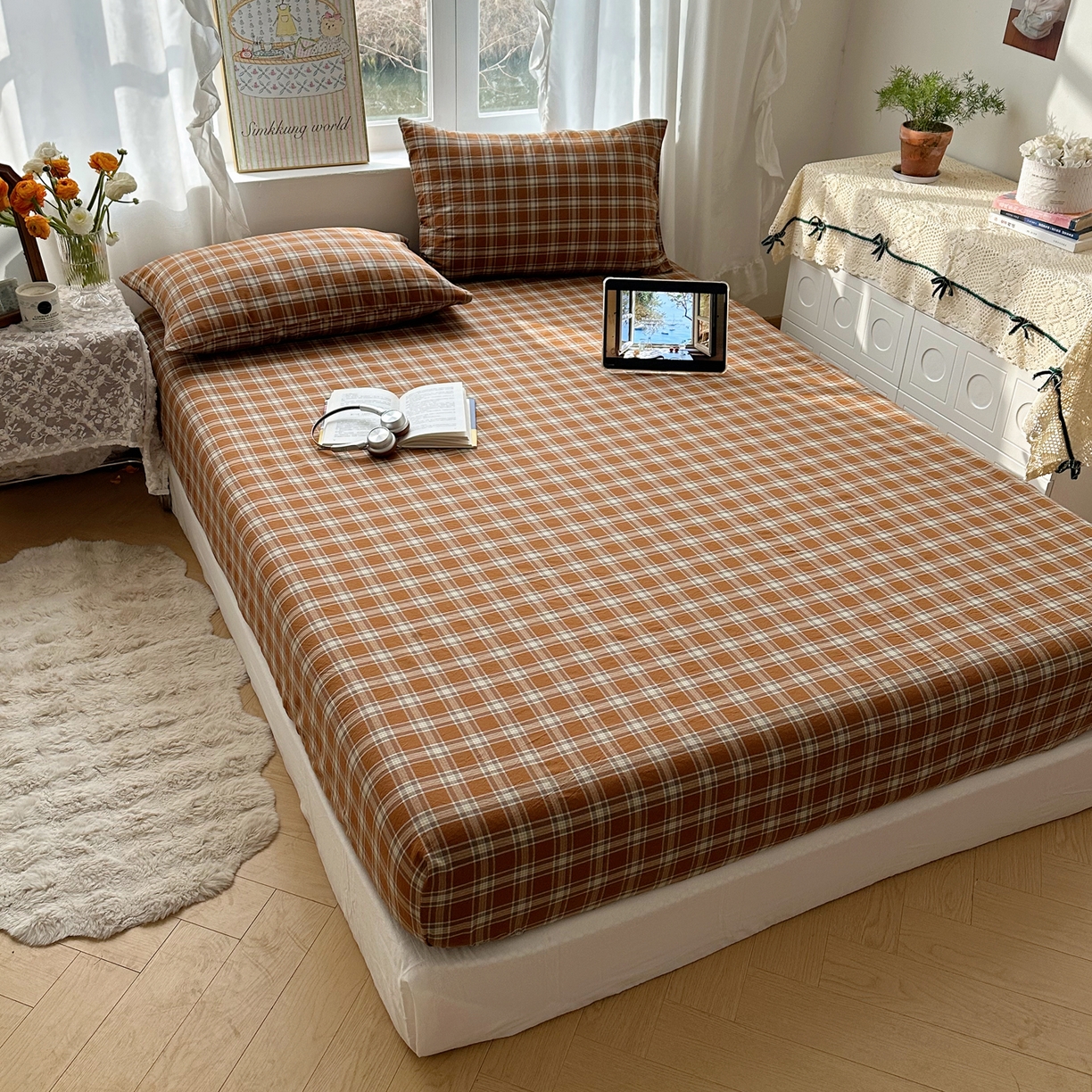 91家纺网 家纺一手货源 找家纺 六巷胡同 2026新款A类全棉纯棉水洗棉色织格子单品床笠 床笠单件 川奈-咖格