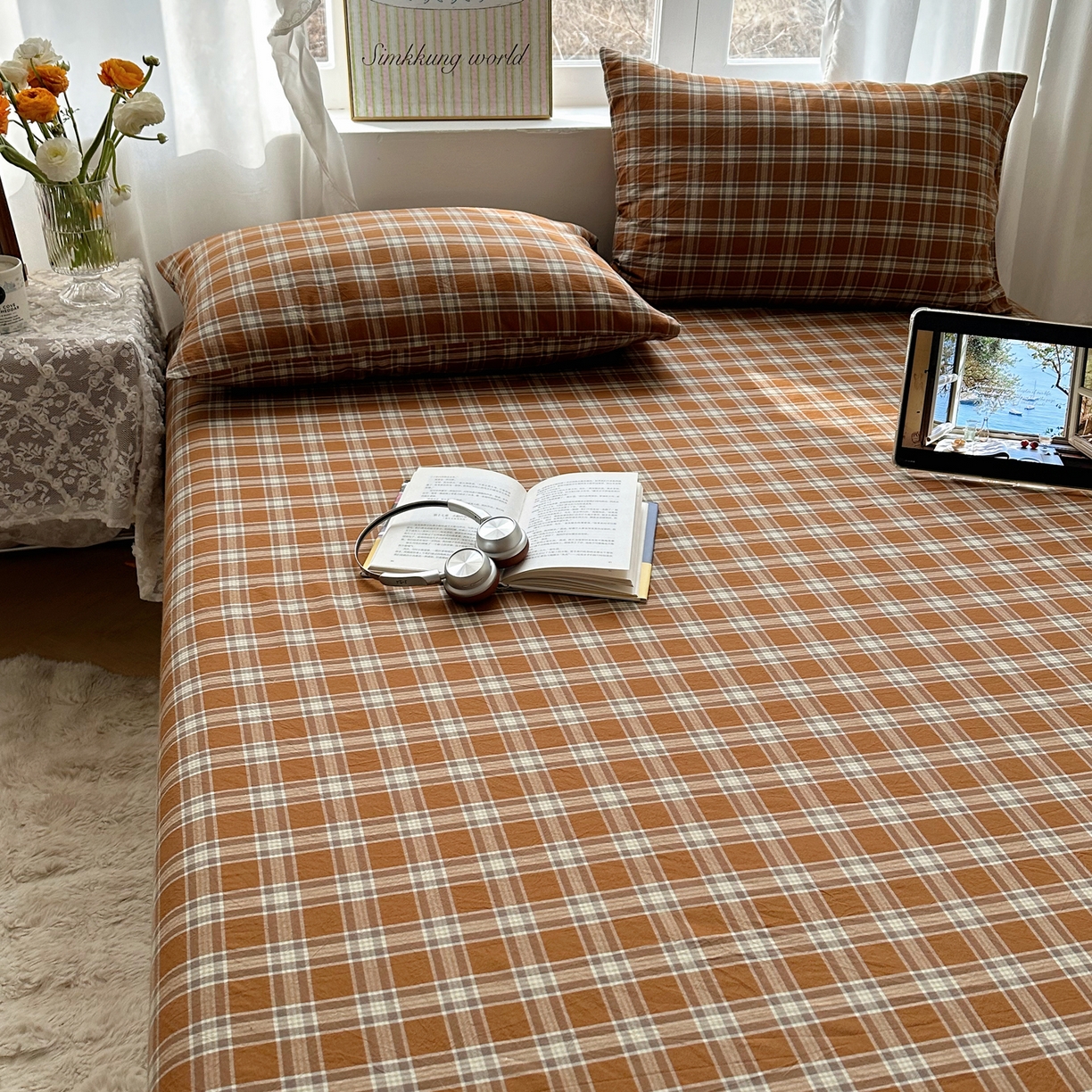 91家纺网 家纺一手货源 找家纺 六巷胡同 2026新款A类全棉纯棉水洗棉色织格子单品床笠 床笠单件 川奈-咖格