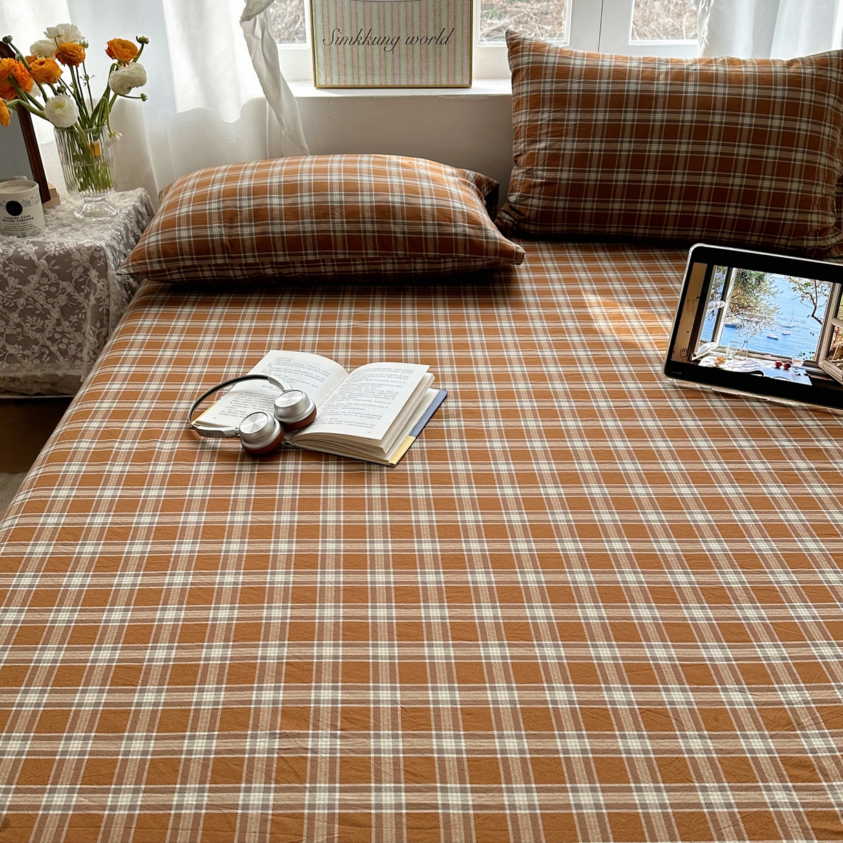 91家纺网 家纺一手货源 找家纺 六巷胡同 2026新款A类全棉纯棉水洗棉色织格子单品床笠 床笠单件 川奈-咖格