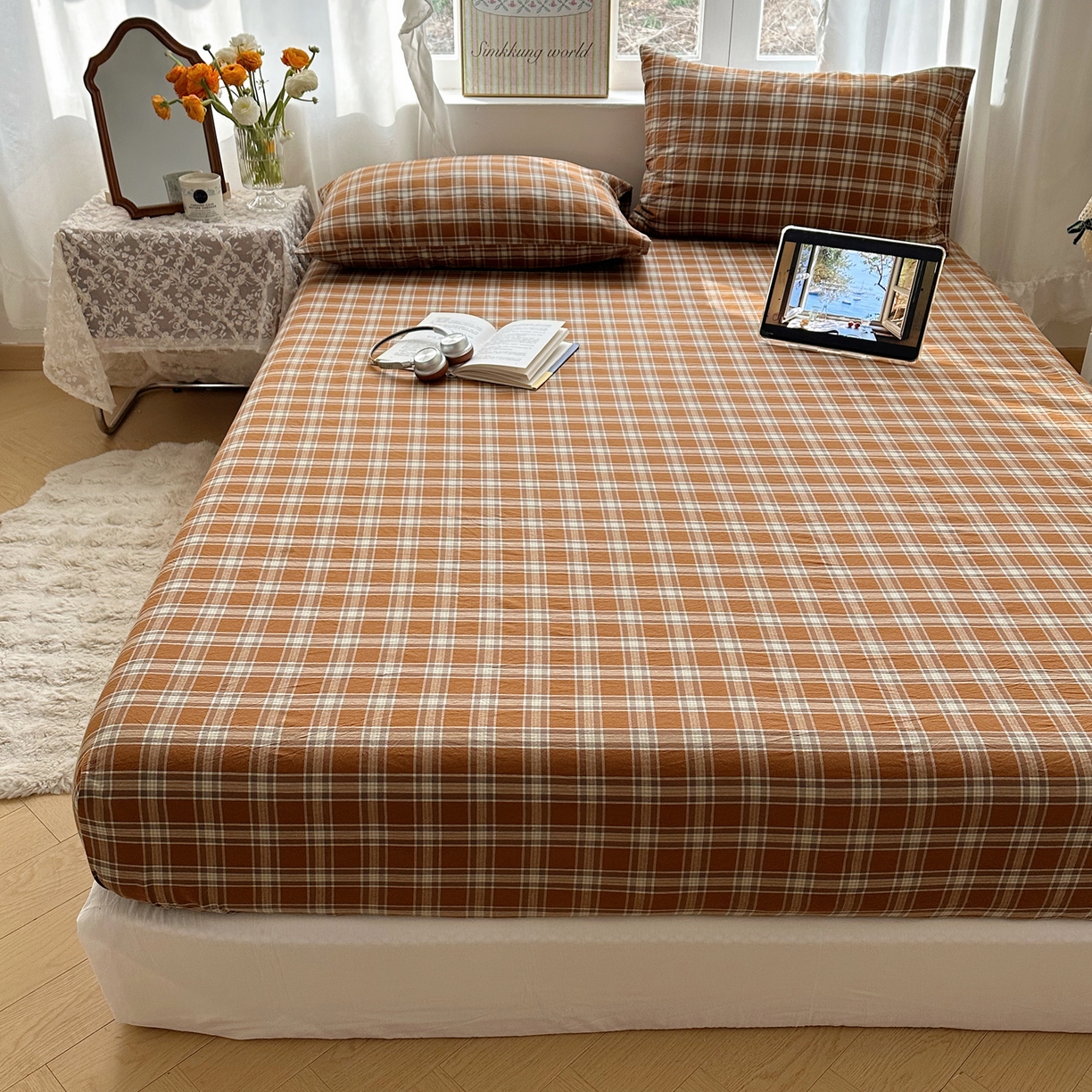 91家纺网 家纺一手货源 找家纺 六巷胡同 2026新款A类全棉纯棉水洗棉色织格子单品床笠 床笠单件 川奈-咖格