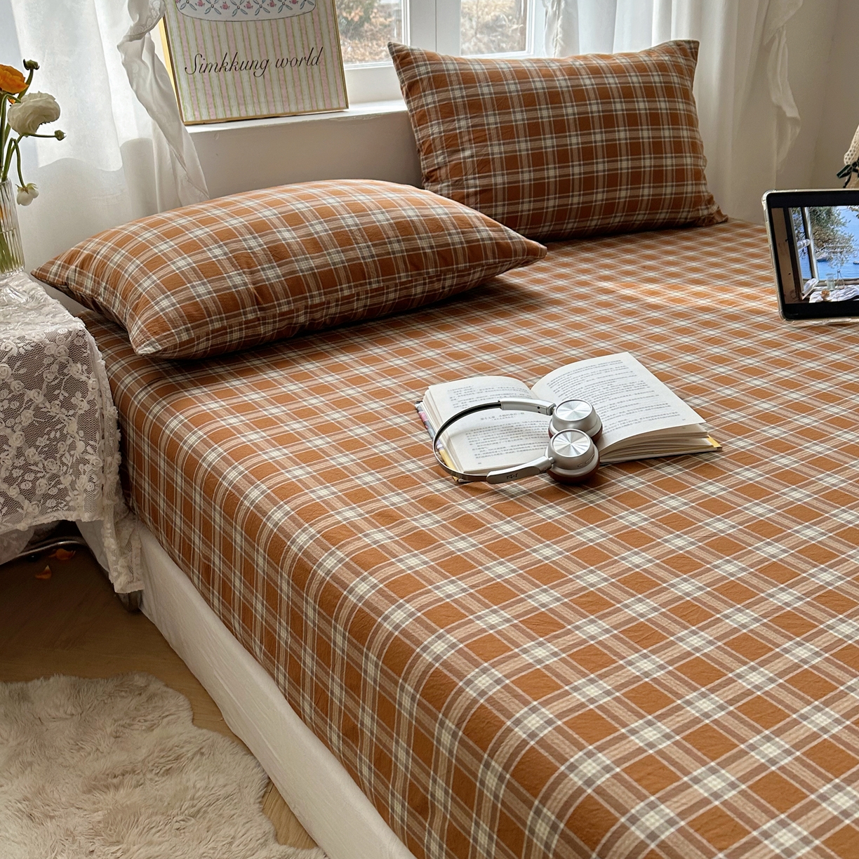 91家纺网 家纺一手货源 找家纺 六巷胡同 2026新款A类全棉纯棉水洗棉色织格子单品床笠 床笠单件 川奈-咖格