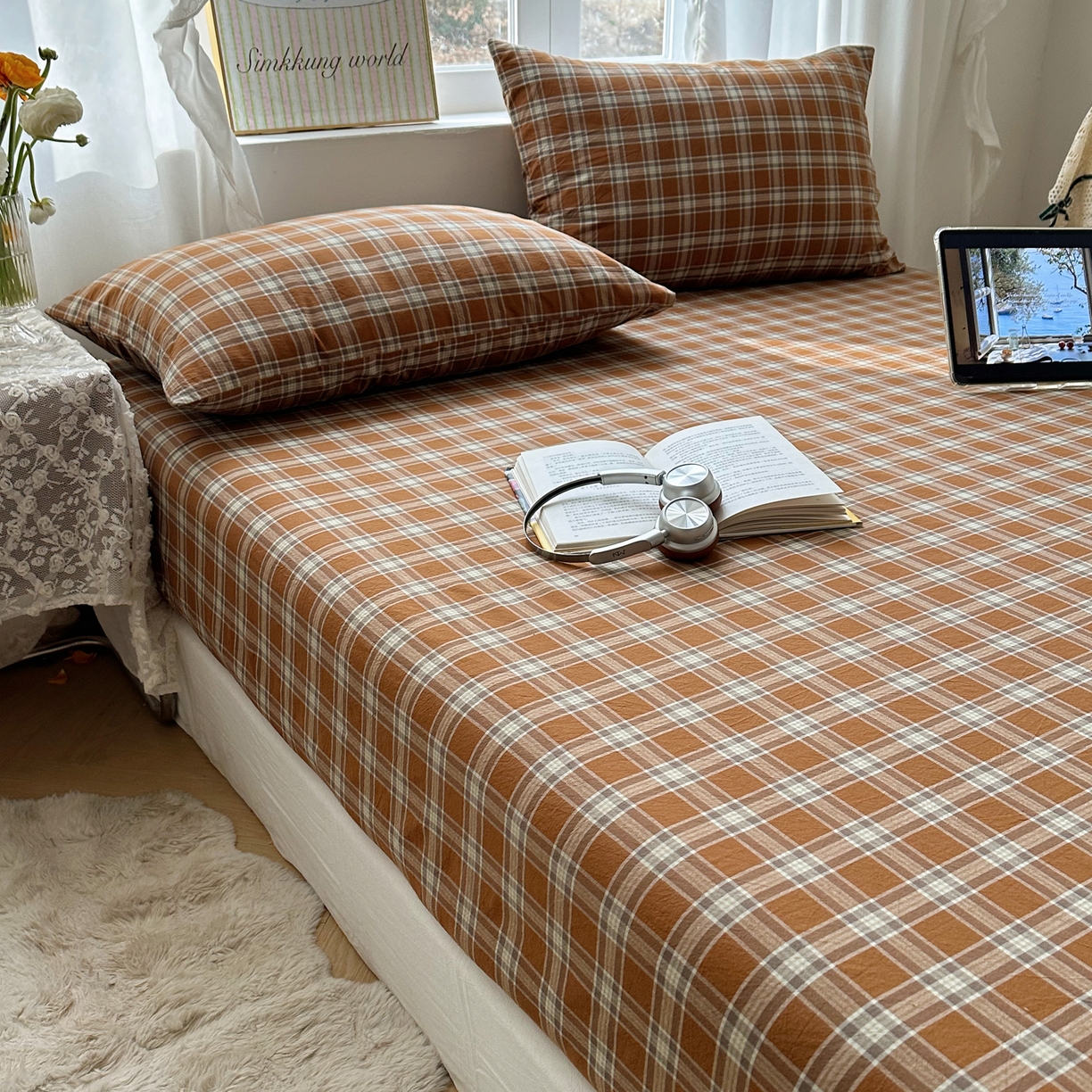 91家纺网 家纺一手货源 找家纺 六巷胡同 2026新款A类全棉纯棉水洗棉色织格子单品床笠 床笠单件 川奈-咖格