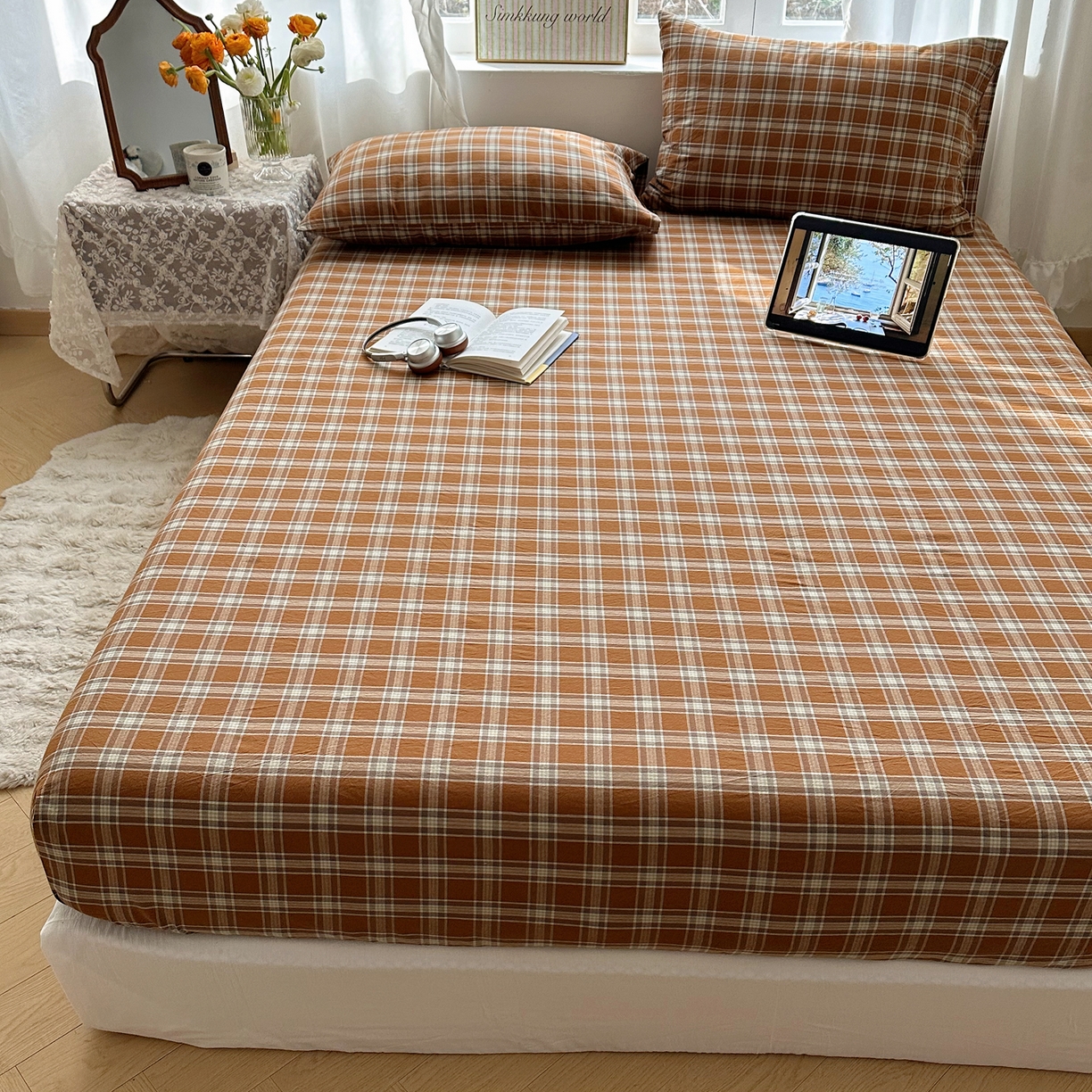 91家纺网 家纺一手货源 找家纺 六巷胡同 2026新款A类全棉纯棉水洗棉色织格子单品床笠 床笠单件 川奈-咖格