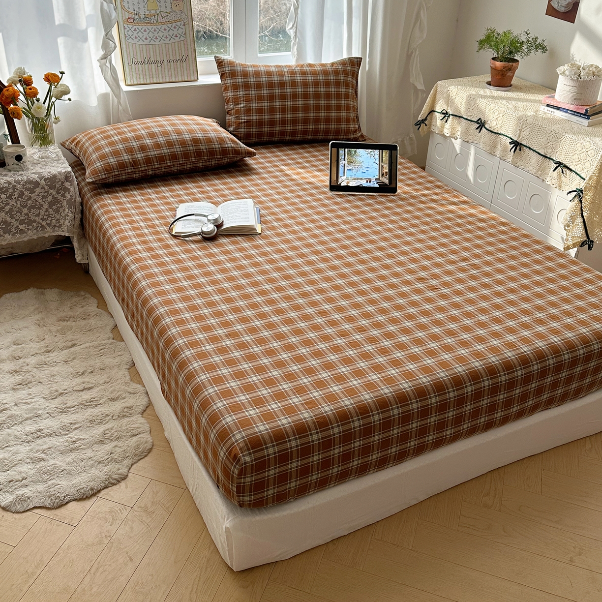 91家纺网 家纺一手货源 找家纺 六巷胡同 2026新款A类全棉纯棉水洗棉色织格子单品床笠 床笠单件 川奈-咖格