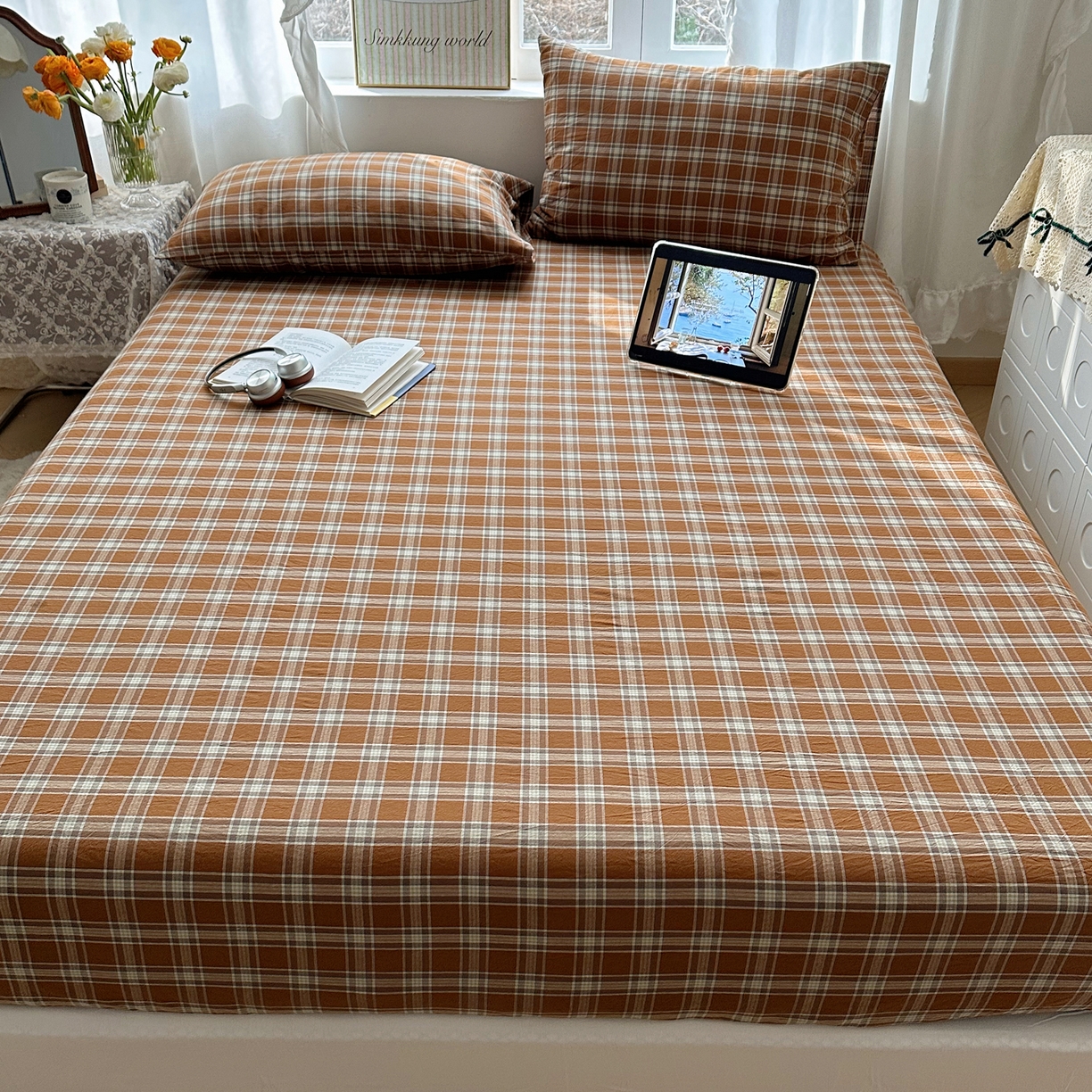 91家纺网 家纺一手货源 找家纺 六巷胡同 2026新款A类全棉纯棉水洗棉色织格子单品床笠 床笠单件 川奈-咖格