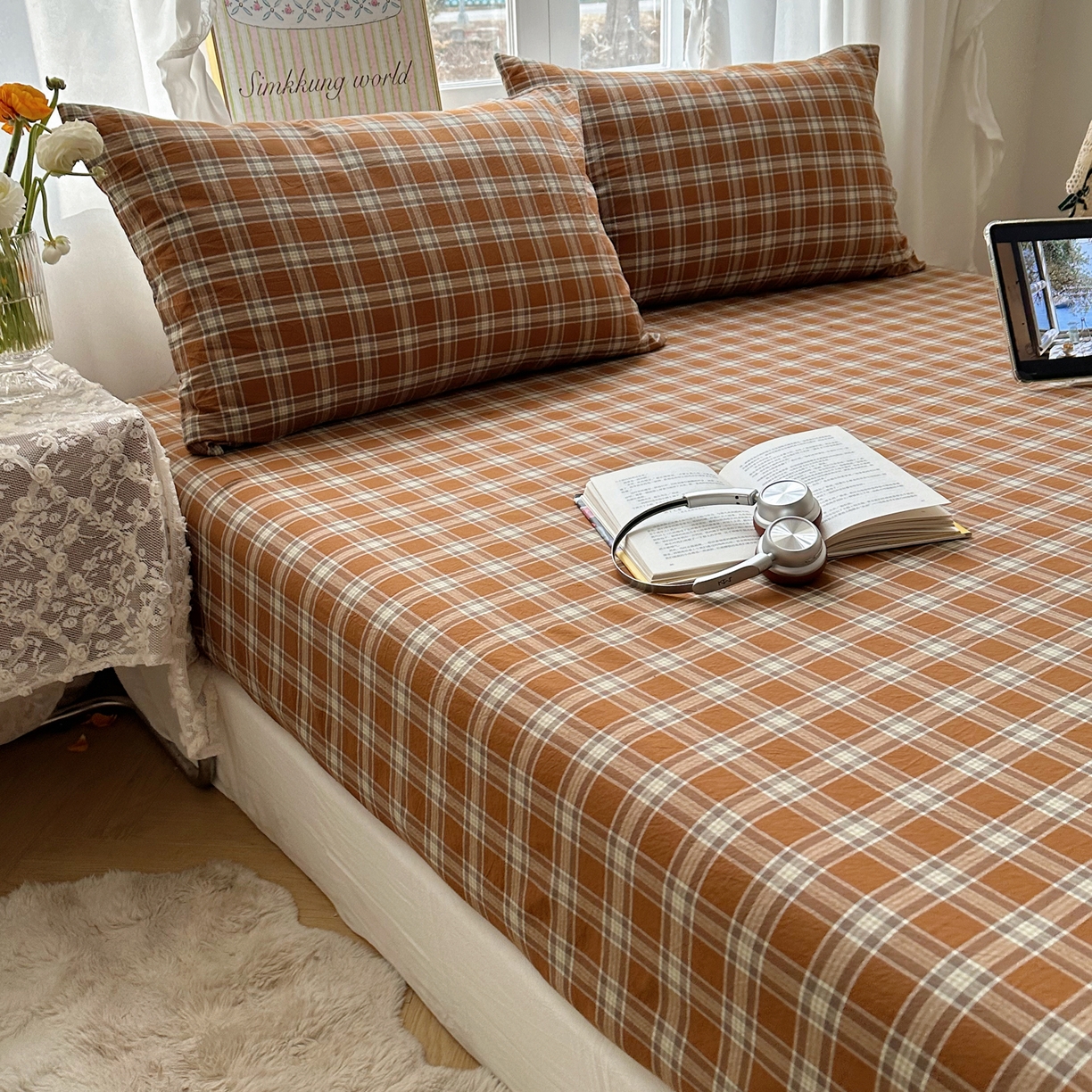 91家纺网 家纺一手货源 找家纺 六巷胡同 2026新款A类全棉纯棉水洗棉色织格子单品床笠 床笠单件 川奈-咖格