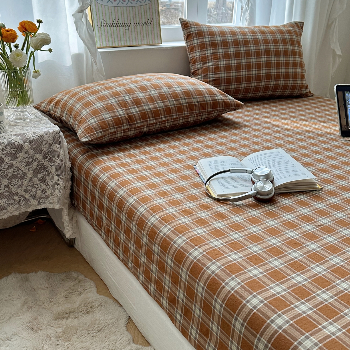 91家纺网 家纺一手货源 找家纺 六巷胡同 2026新款A类全棉纯棉水洗棉色织格子单品床笠 床笠单件 川奈-咖格