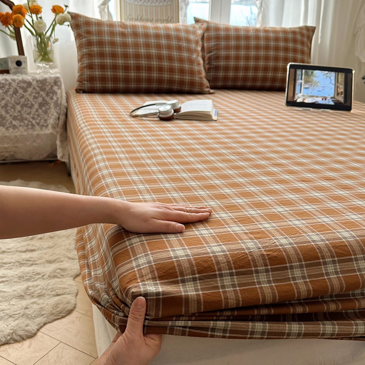 91家纺网 家纺一手货源 找家纺 六巷胡同 2026新款A类全棉纯棉水洗棉色织格子单品床笠 床笠单件 川奈-咖格