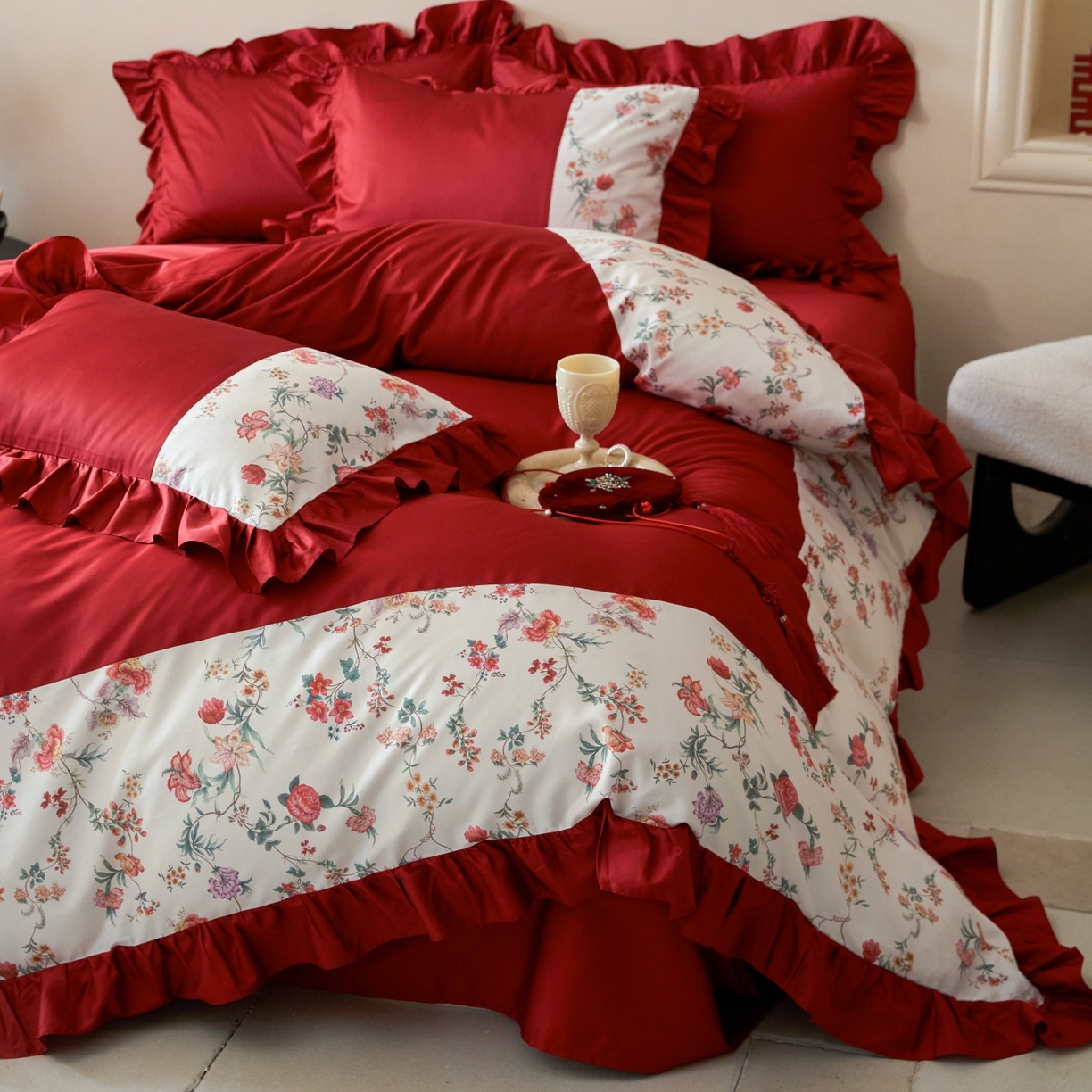 91家纺网 家纺一手货源 找家纺 （总）优然居家纺 2026春夏新款全棉纯棉60支数码印花法式拼接款四件套-莉莉安