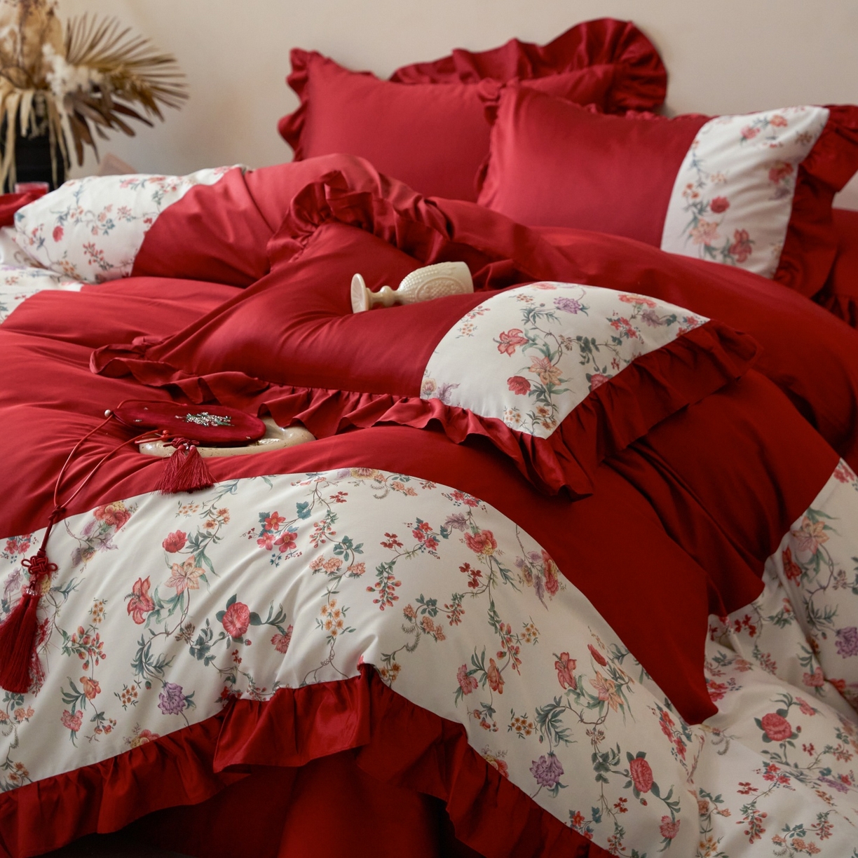 91家纺网 家纺一手货源 找家纺 （总）优然居家纺 2026春夏新款全棉纯棉60支数码印花法式拼接款四件套-莉莉安