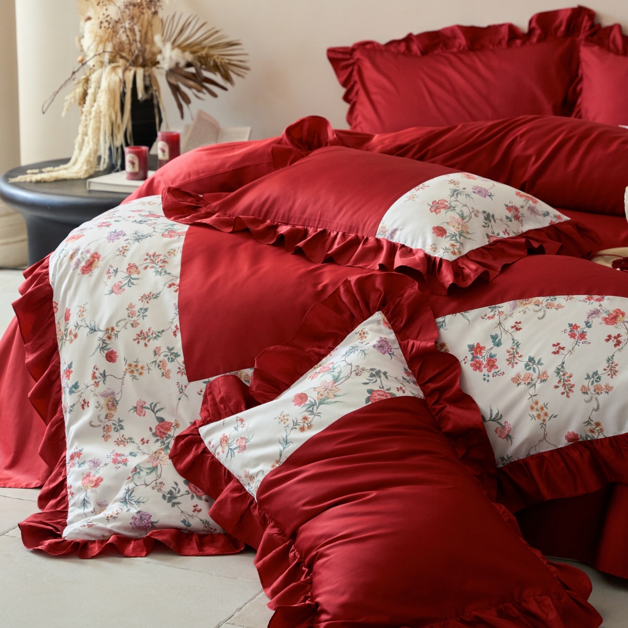 91家纺网 家纺一手货源 找家纺 （总）优然居家纺 2026春夏新款全棉纯棉60支数码印花法式拼接款四件套-莉莉安