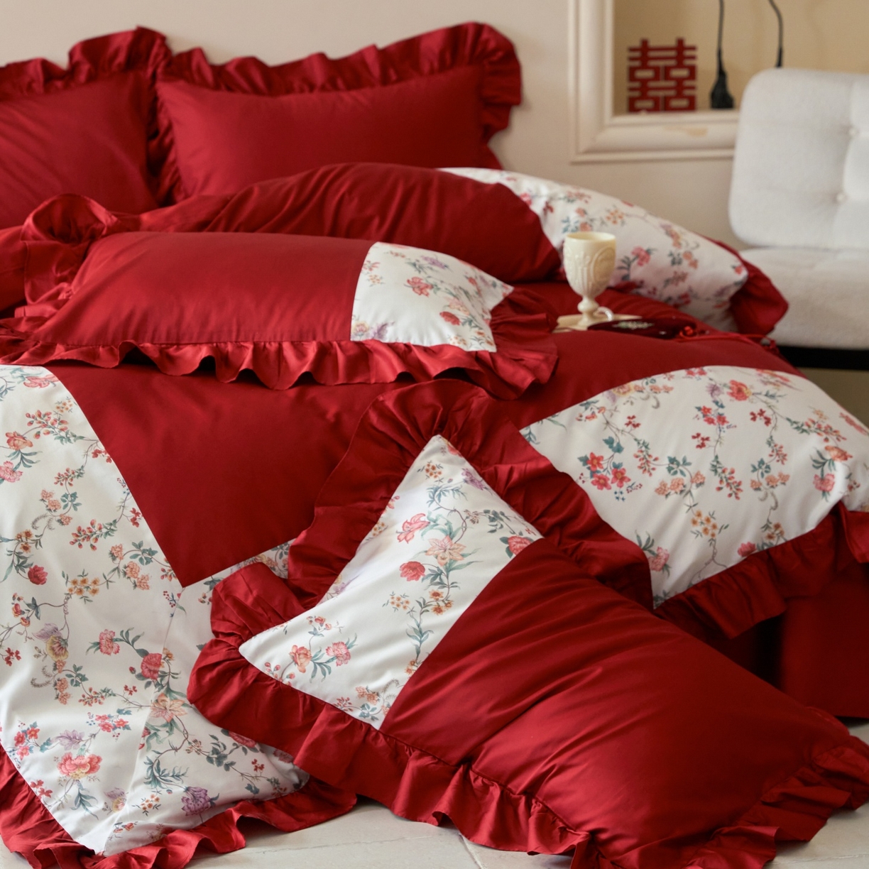 91家纺网 家纺一手货源 找家纺 （总）优然居家纺 2026春夏新款全棉纯棉60支数码印花法式拼接款四件套-莉莉安