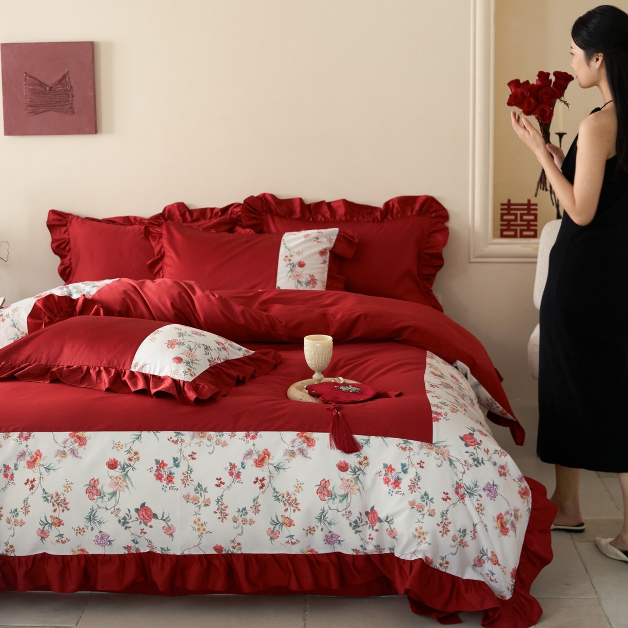 91家纺网 家纺一手货源 找家纺 （总）优然居家纺 2026春夏新款全棉纯棉60支数码印花法式拼接款四件套-莉莉安