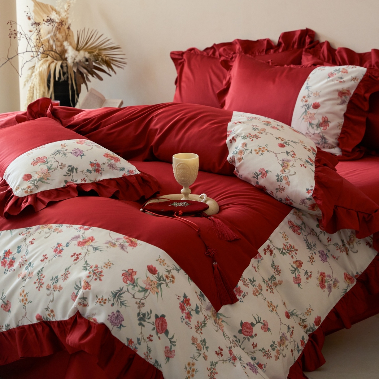 91家纺网 家纺一手货源 找家纺 （总）优然居家纺 2026春夏新款全棉纯棉60支数码印花法式拼接款四件套-莉莉安