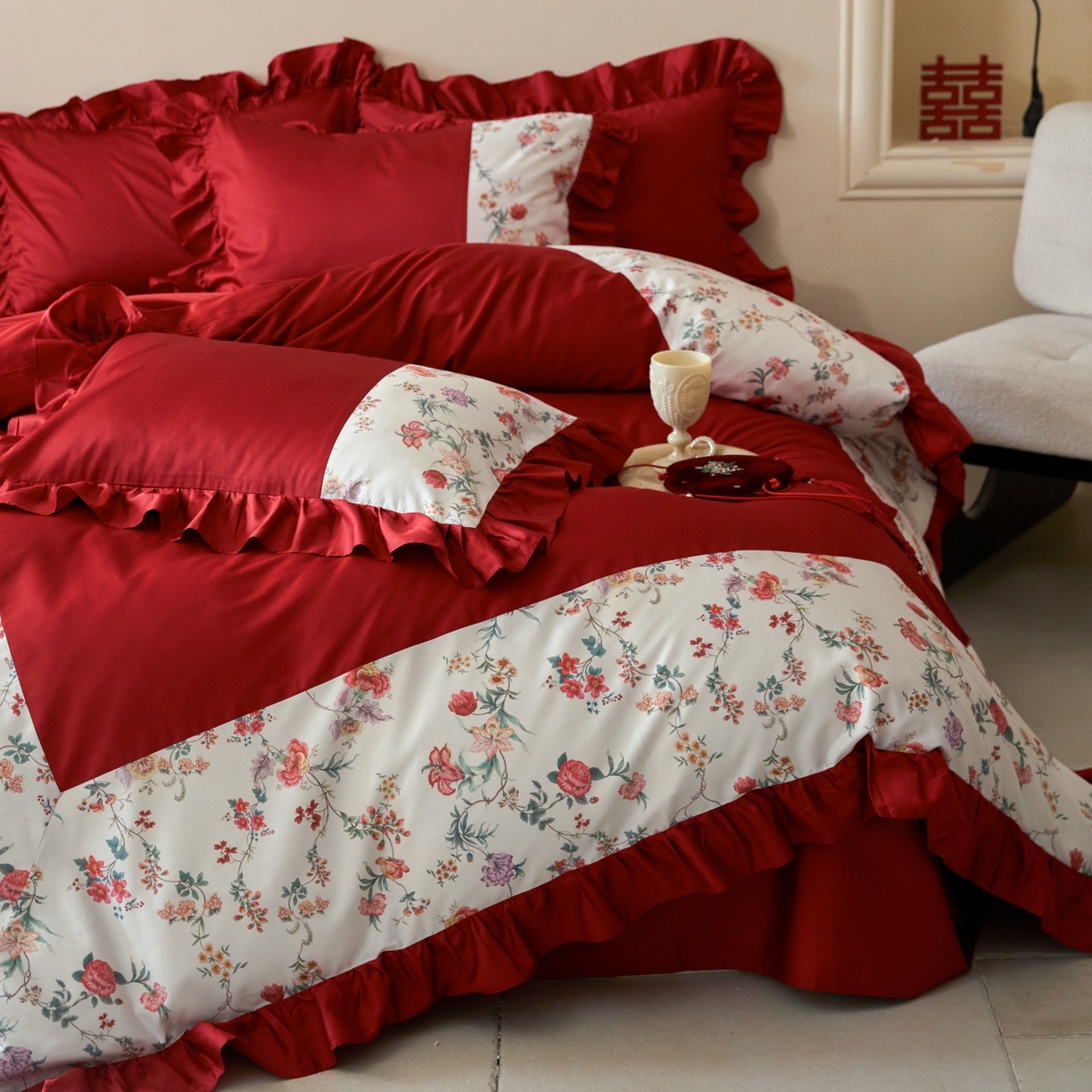 91家纺网 家纺一手货源 找家纺 （总）优然居家纺 2026春夏新款全棉纯棉60支数码印花法式拼接款四件套-莉莉安