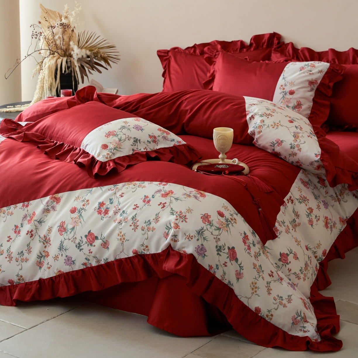 91家纺网 家纺一手货源 找家纺 （总）优然居家纺 2026春夏新款全棉纯棉60支数码印花法式拼接款四件套-莉莉安