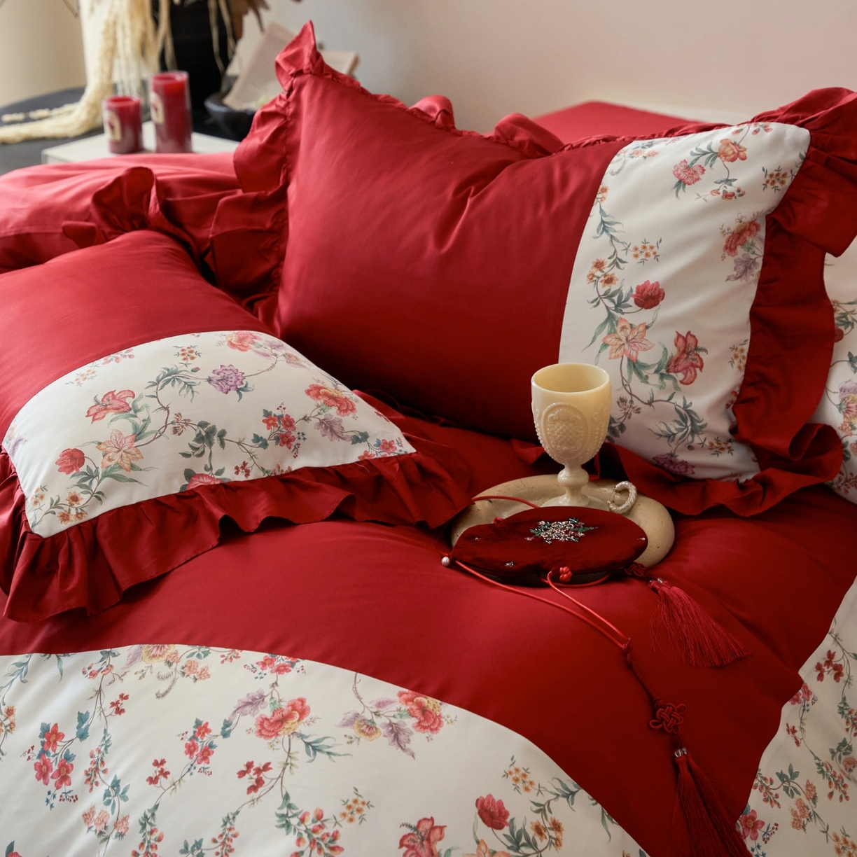 91家纺网 家纺一手货源 找家纺 （总）优然居家纺 2026春夏新款全棉纯棉60支数码印花法式拼接款四件套-莉莉安