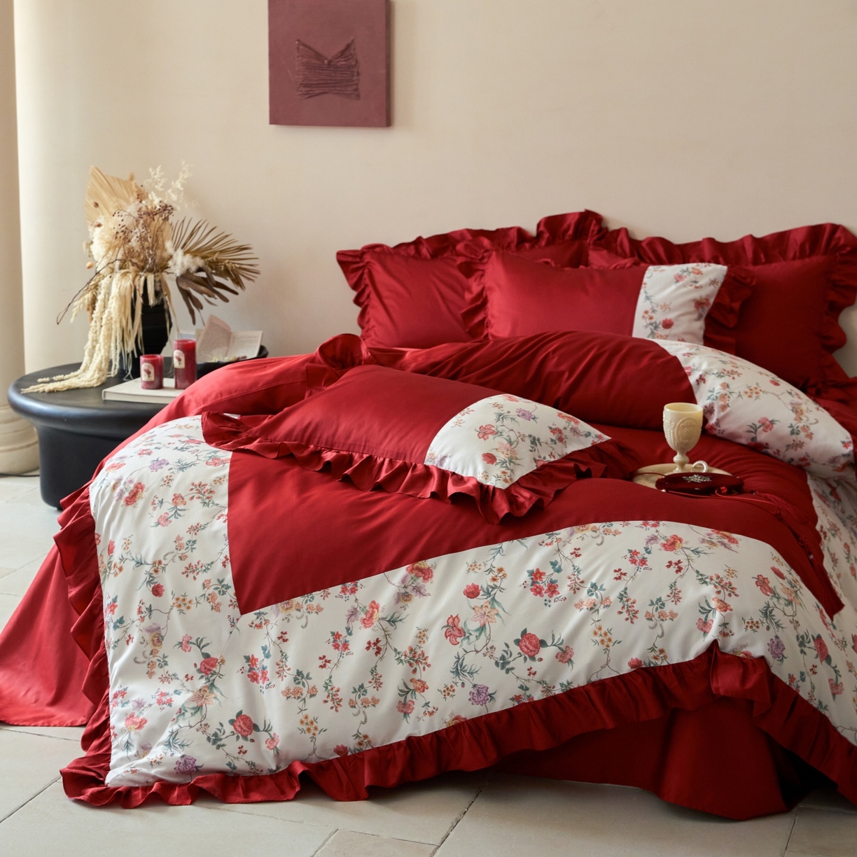 91家纺网 家纺一手货源 找家纺 （总）优然居家纺 2026春夏新款全棉纯棉60支数码印花法式拼接款四件套-莉莉安