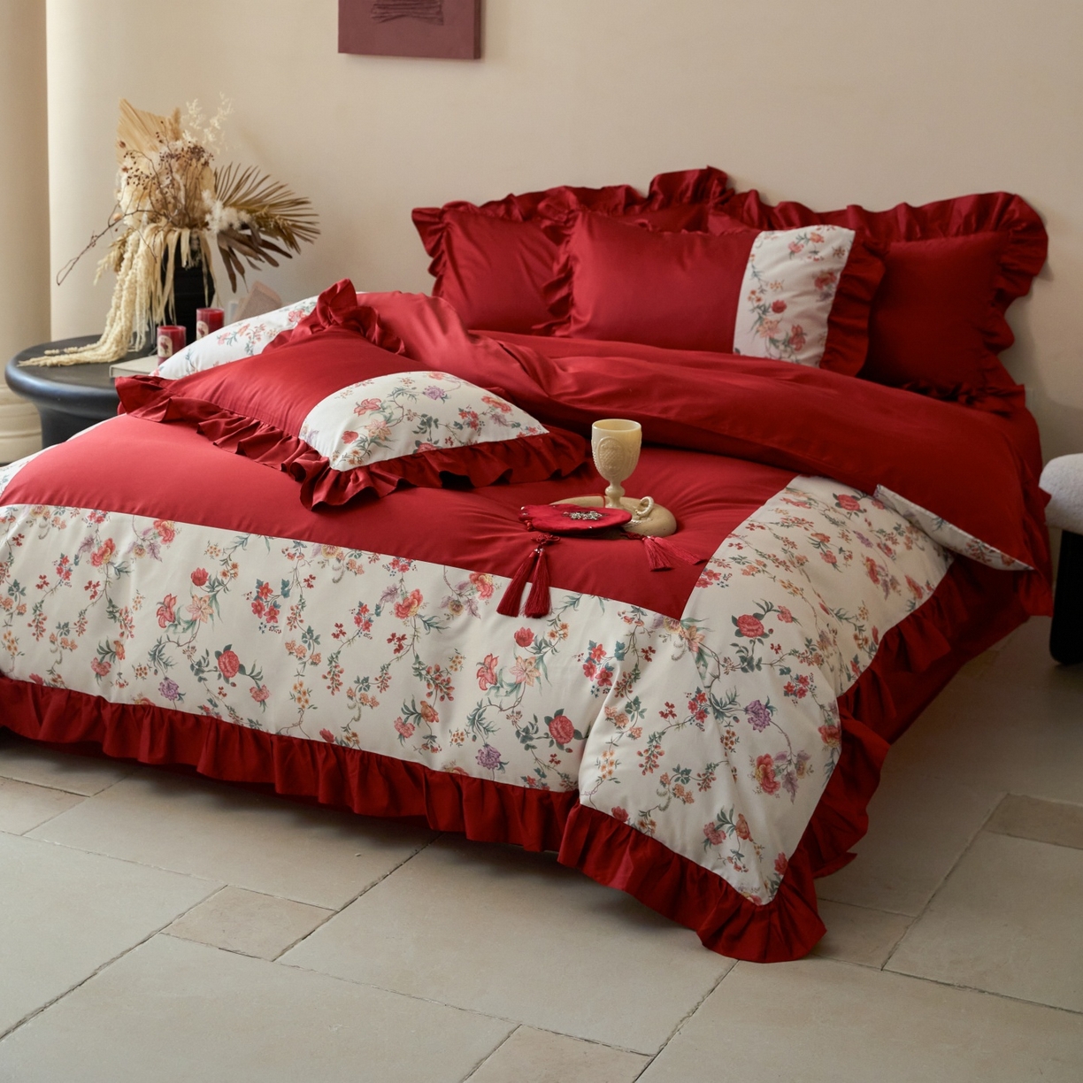 91家纺网 家纺一手货源 找家纺 （总）优然居家纺 2026春夏新款全棉纯棉60支数码印花法式拼接款四件套-莉莉安