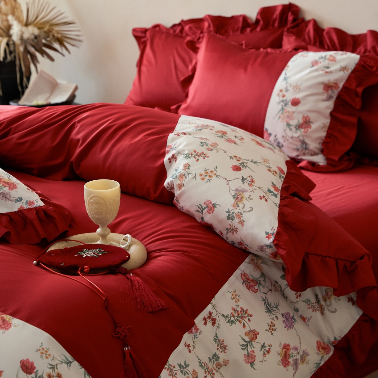 91家纺网 家纺一手货源 找家纺 （总）优然居家纺 2026春夏新款全棉纯棉60支数码印花法式拼接款四件套-莉莉安