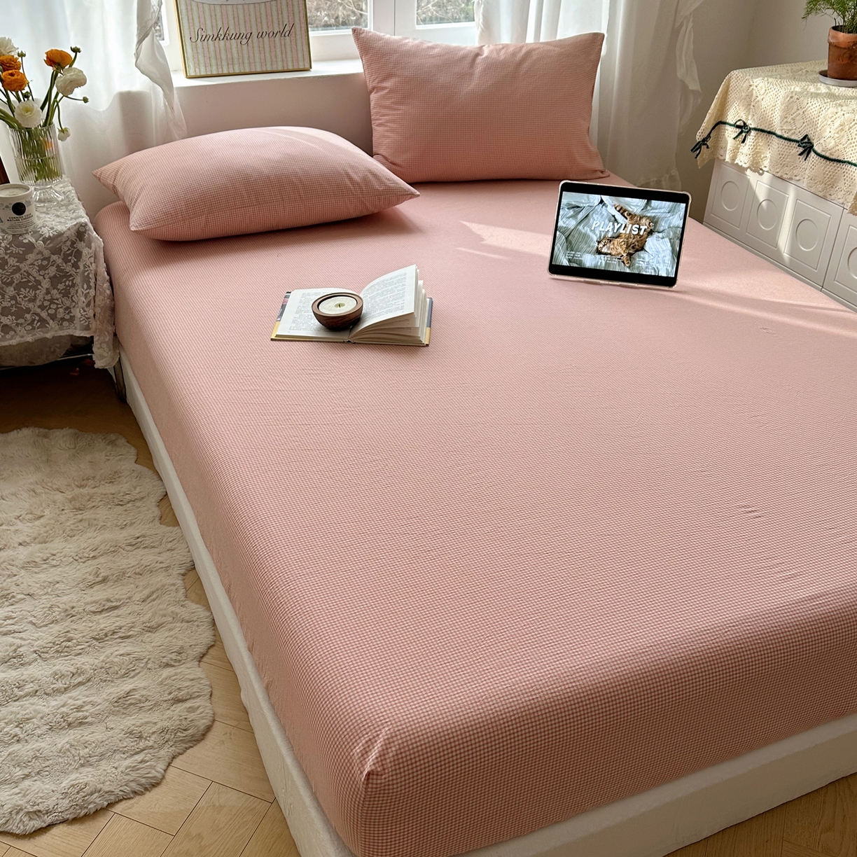 六巷胡同 2026新款A类全棉纯棉水洗棉色织格子单品床笠 床笠单件 觅影-粉格