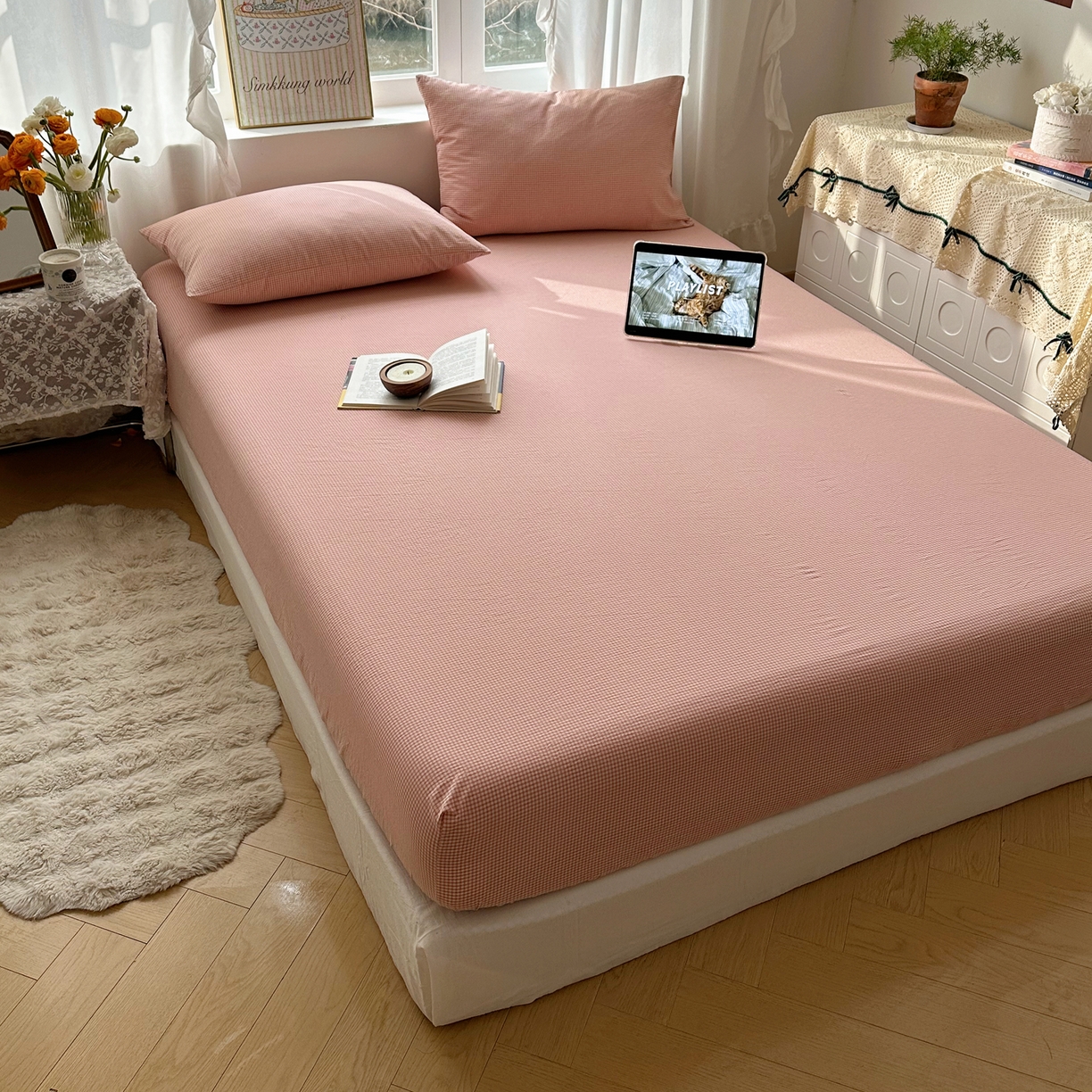 91家纺网 家纺一手货源 找家纺 六巷胡同 2026新款A类全棉纯棉水洗棉色织格子单品床笠 床笠单件 觅影-粉格