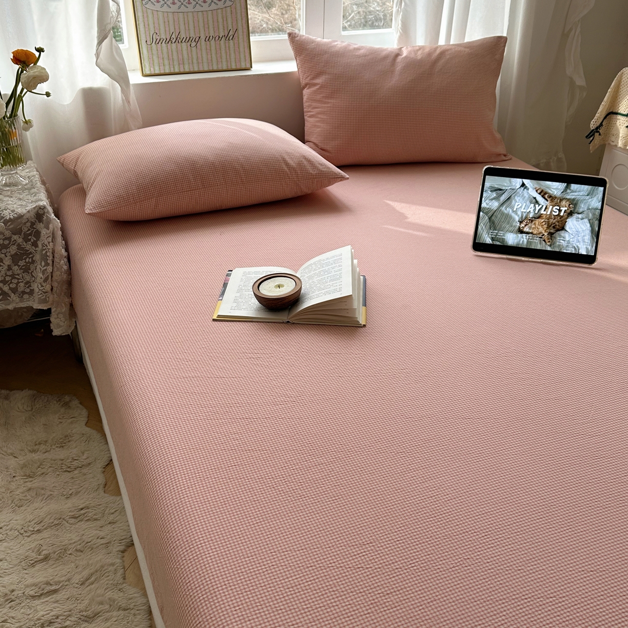 91家纺网 家纺一手货源 找家纺 六巷胡同 2026新款A类全棉纯棉水洗棉色织格子单品床笠 床笠单件 觅影-粉格