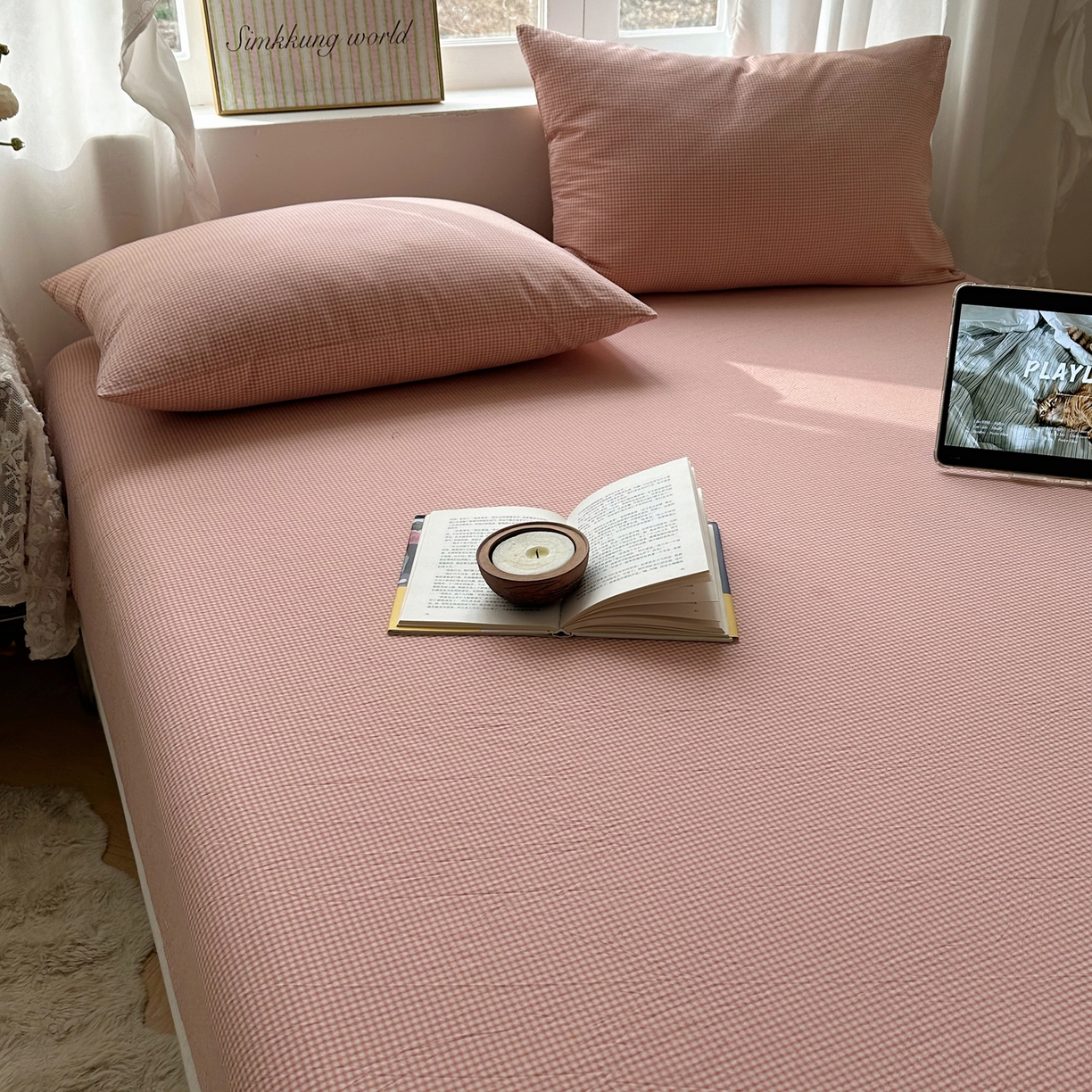 91家纺网 家纺一手货源 找家纺 六巷胡同 2026新款A类全棉纯棉水洗棉色织格子单品床笠 床笠单件 觅影-粉格