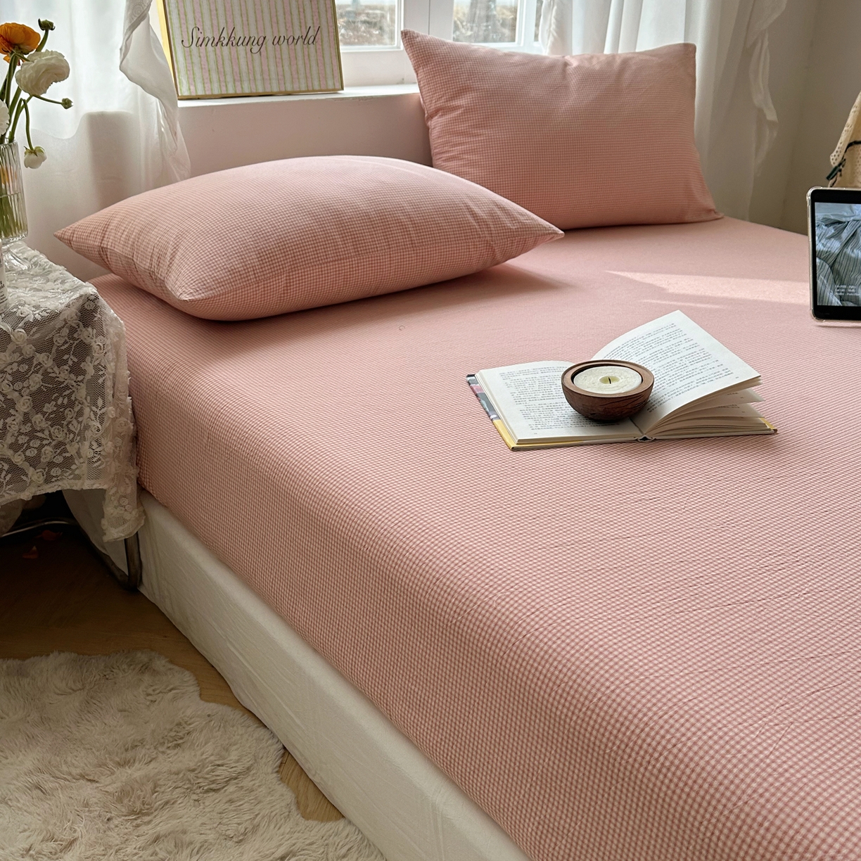 91家纺网 家纺一手货源 找家纺 六巷胡同 2026新款A类全棉纯棉水洗棉色织格子单品床笠 床笠单件 觅影-粉格