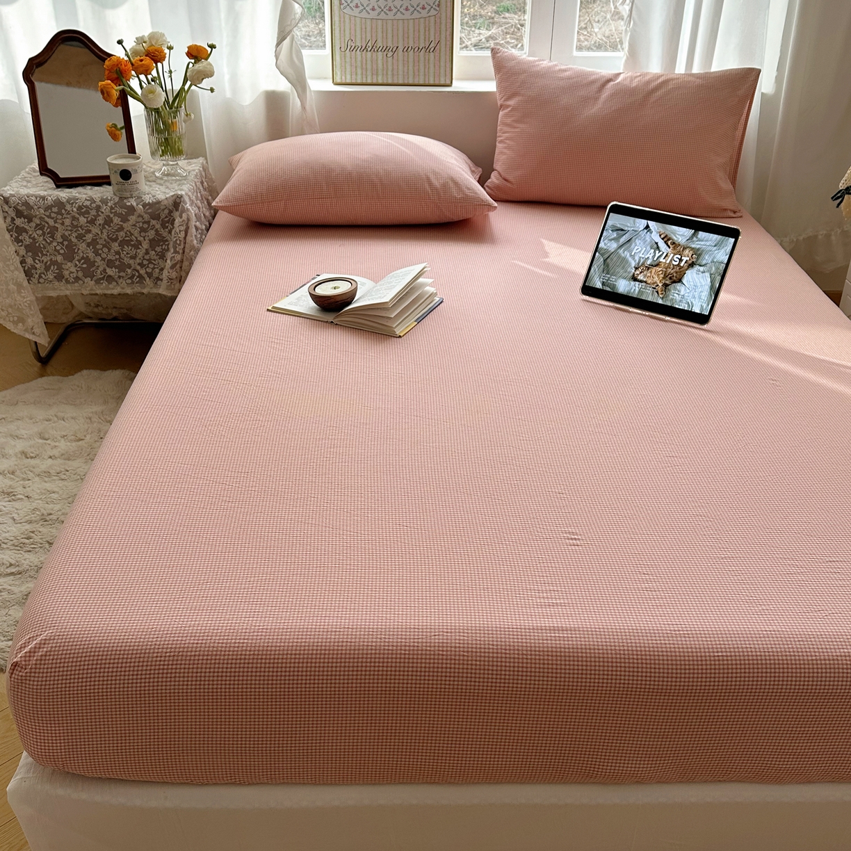 91家纺网 家纺一手货源 找家纺 六巷胡同 2026新款A类全棉纯棉水洗棉色织格子单品床笠 床笠单件 觅影-粉格