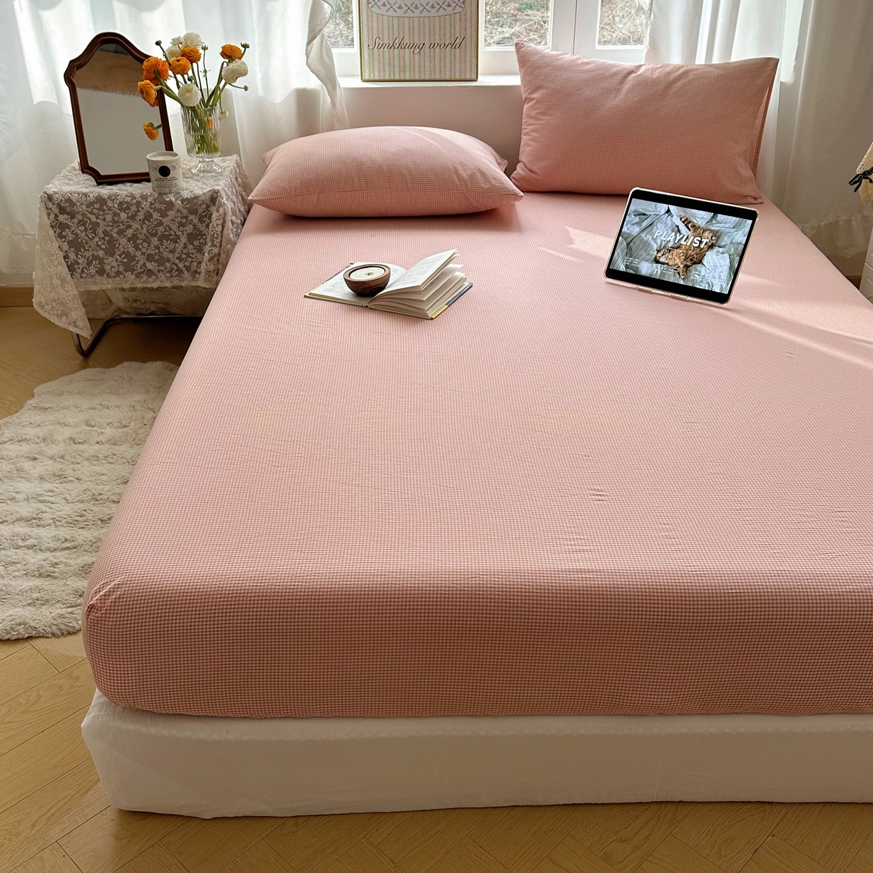 91家纺网 家纺一手货源 找家纺 六巷胡同 2026新款A类全棉纯棉水洗棉色织格子单品床笠 床笠单件 觅影-粉格