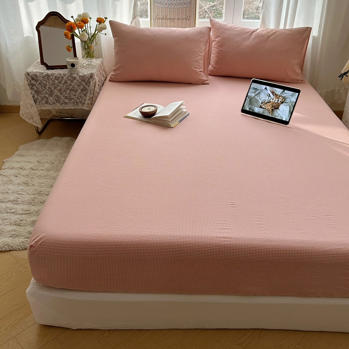 91家纺网 家纺一手货源 找家纺 六巷胡同 2026新款A类全棉纯棉水洗棉色织格子单品床笠 床笠单件 觅影-粉格