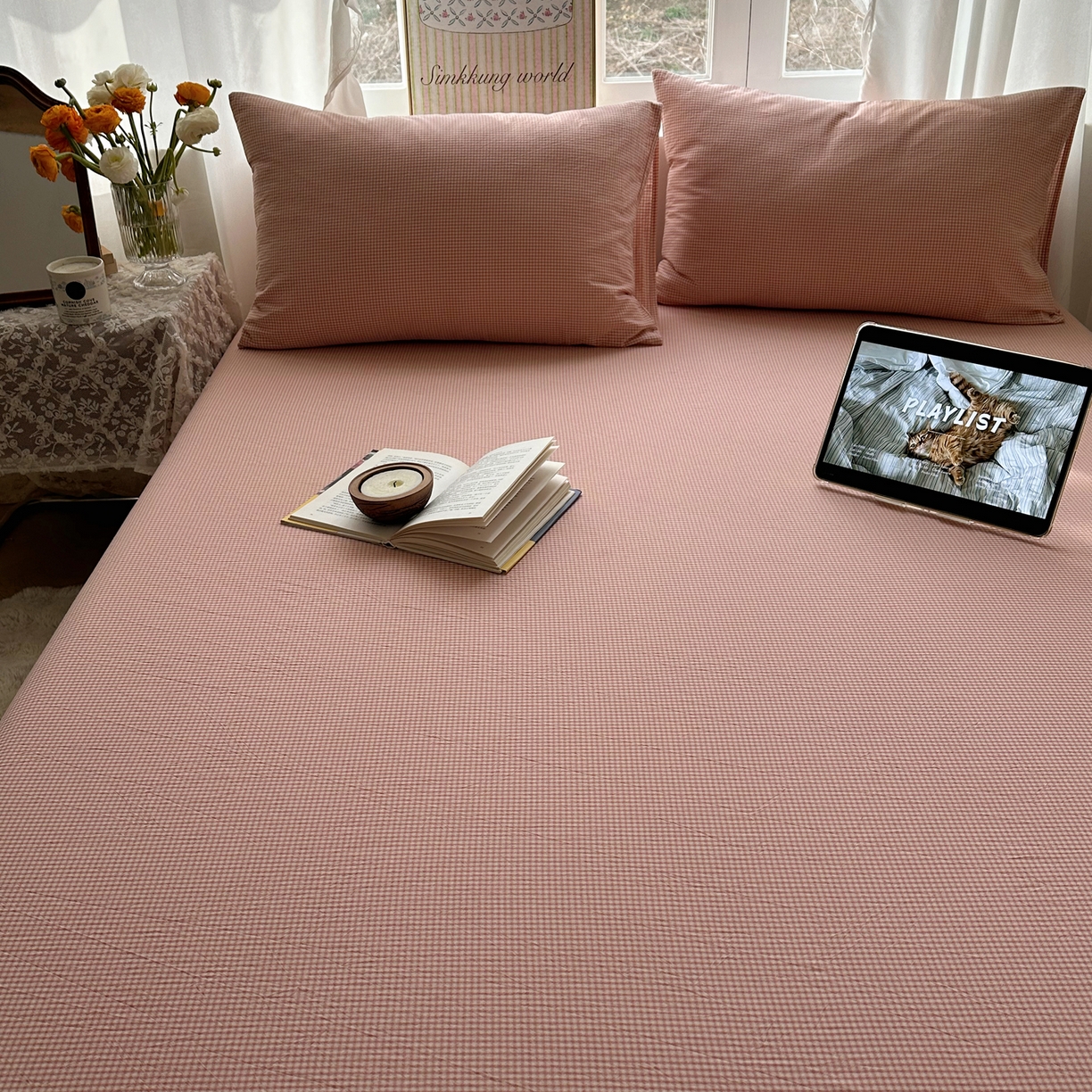 91家纺网 家纺一手货源 找家纺 六巷胡同 2026新款A类全棉纯棉水洗棉色织格子单品床笠 床笠单件 觅影-粉格