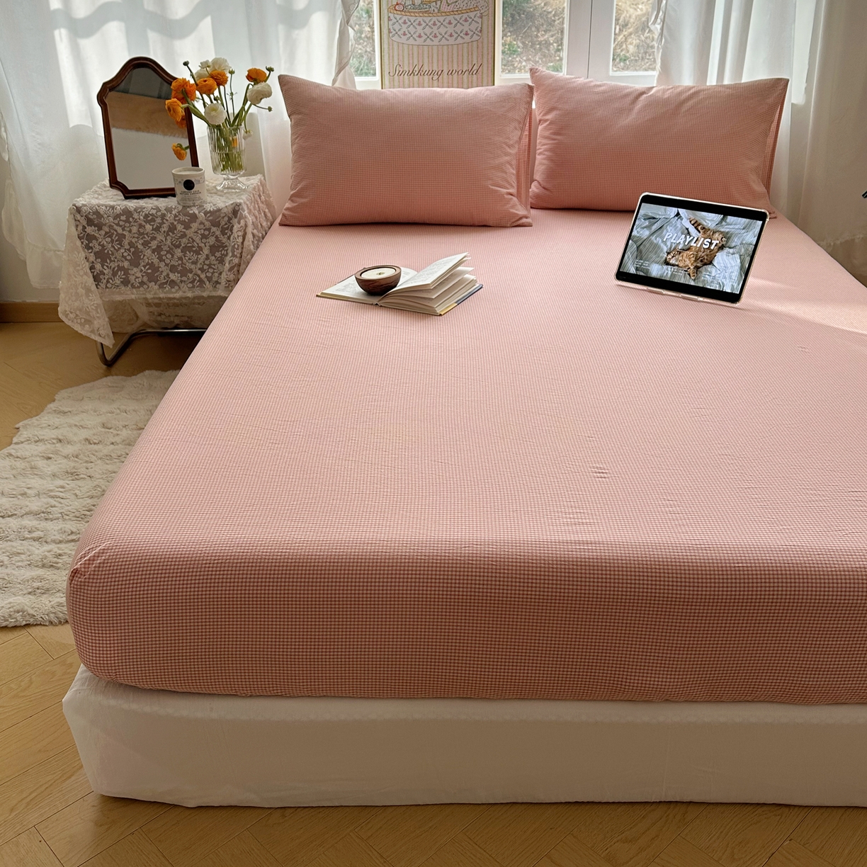 91家纺网 家纺一手货源 找家纺 六巷胡同 2026新款A类全棉纯棉水洗棉色织格子单品床笠 床笠单件 觅影-粉格