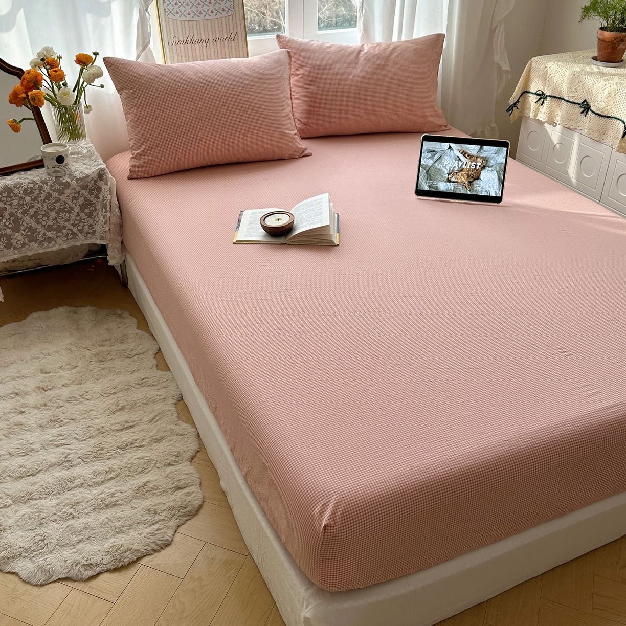 91家纺网 家纺一手货源 找家纺 六巷胡同 2026新款A类全棉纯棉水洗棉色织格子单品床笠 床笠单件 觅影-粉格