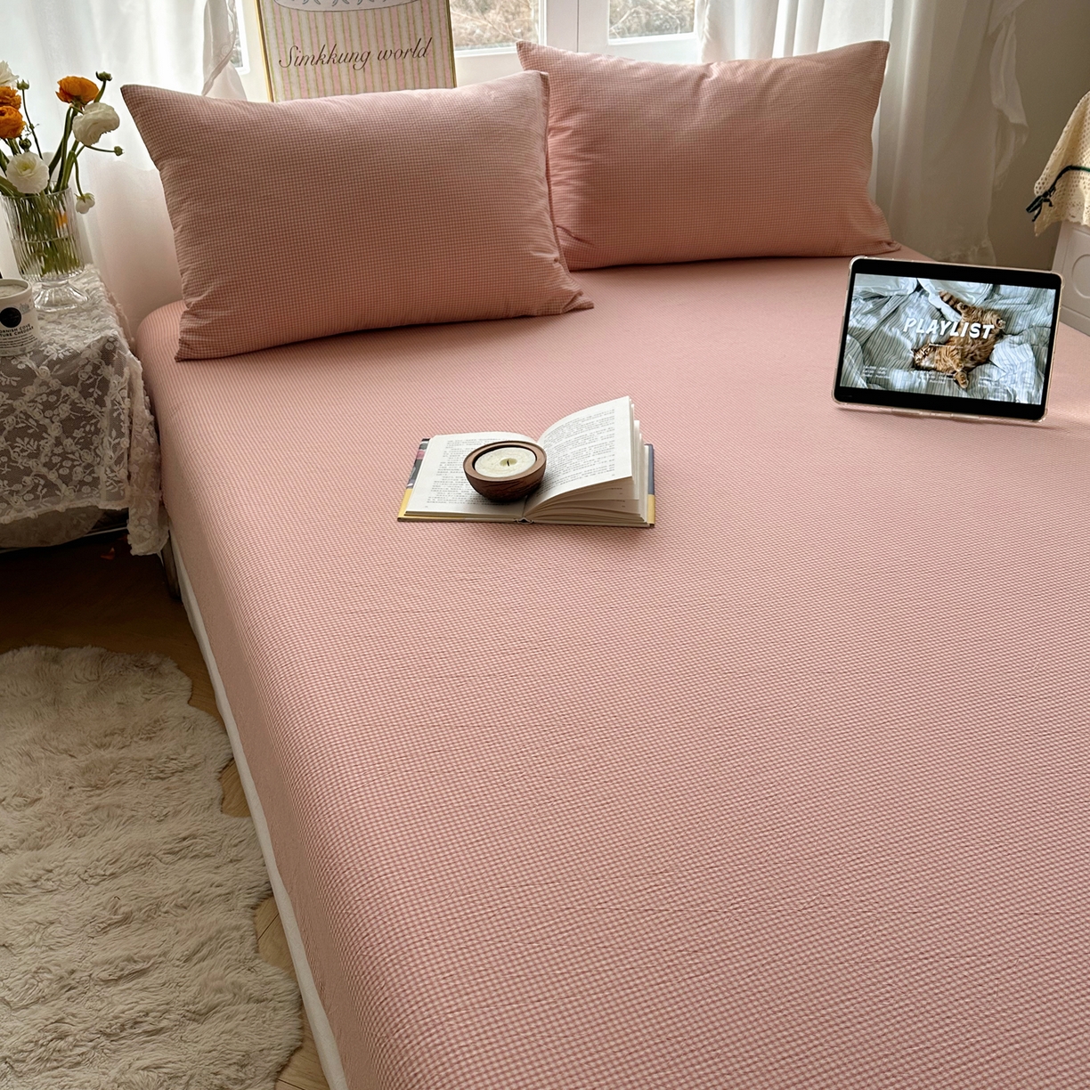 91家纺网 家纺一手货源 找家纺 六巷胡同 2026新款A类全棉纯棉水洗棉色织格子单品床笠 床笠单件 觅影-粉格