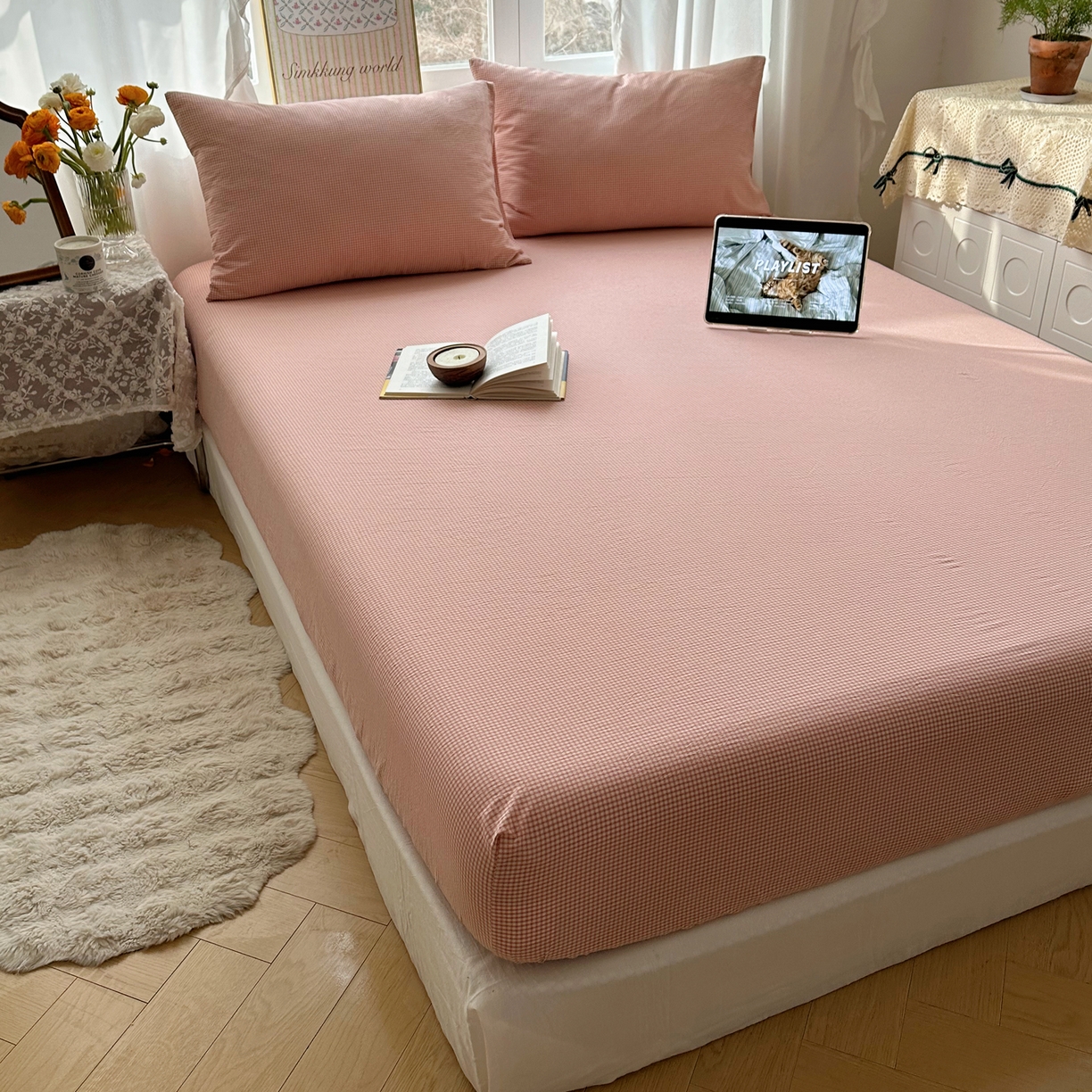 91家纺网 家纺一手货源 找家纺 六巷胡同 2026新款A类全棉纯棉水洗棉色织格子单品床笠 床笠单件 觅影-粉格