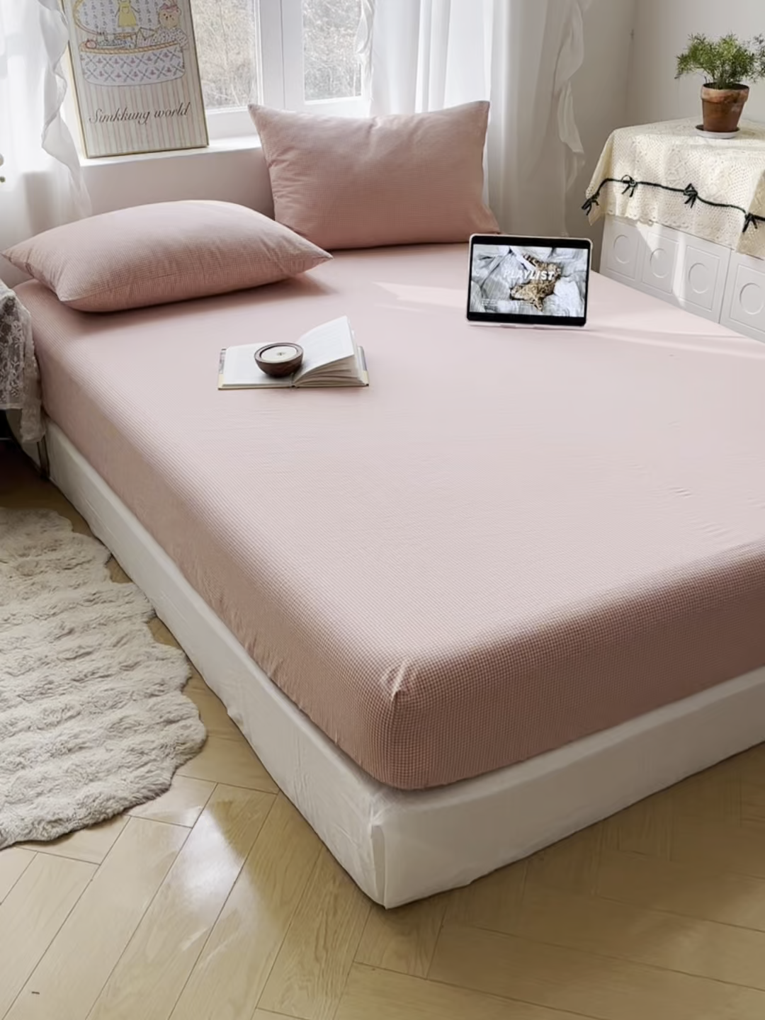 91家纺网 家纺一手货源 找家纺 六巷胡同 2026新款A类全棉纯棉水洗棉色织格子单品床笠 床笠单件 觅影-粉格