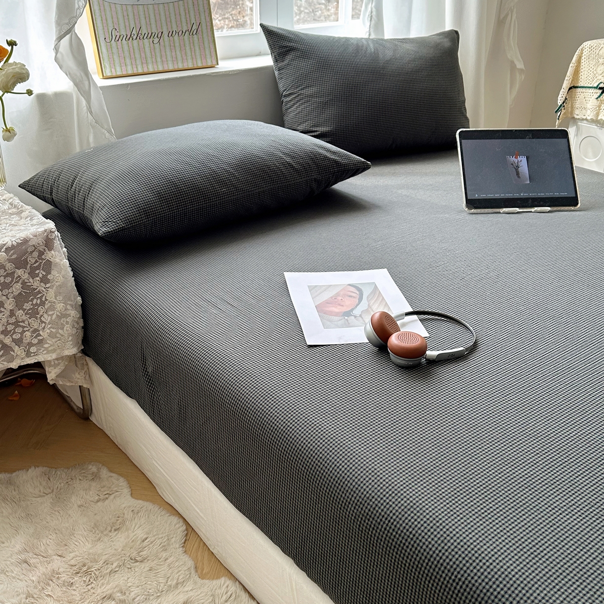 91家纺网 家纺一手货源 找家纺 六巷胡同 2026新款A类全棉纯棉水洗棉色织格子单品床笠 床笠单件 觅影-黑格