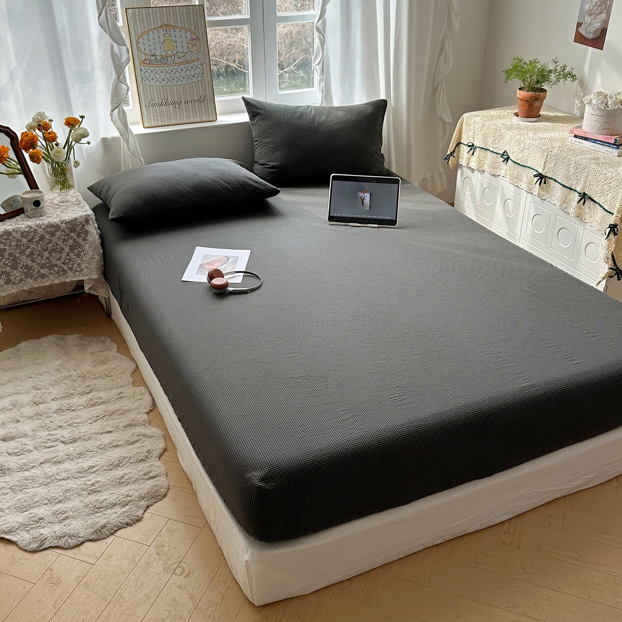 91家纺网 家纺一手货源 找家纺 六巷胡同 2026新款A类全棉纯棉水洗棉色织格子单品床笠 床笠单件 觅影-黑格