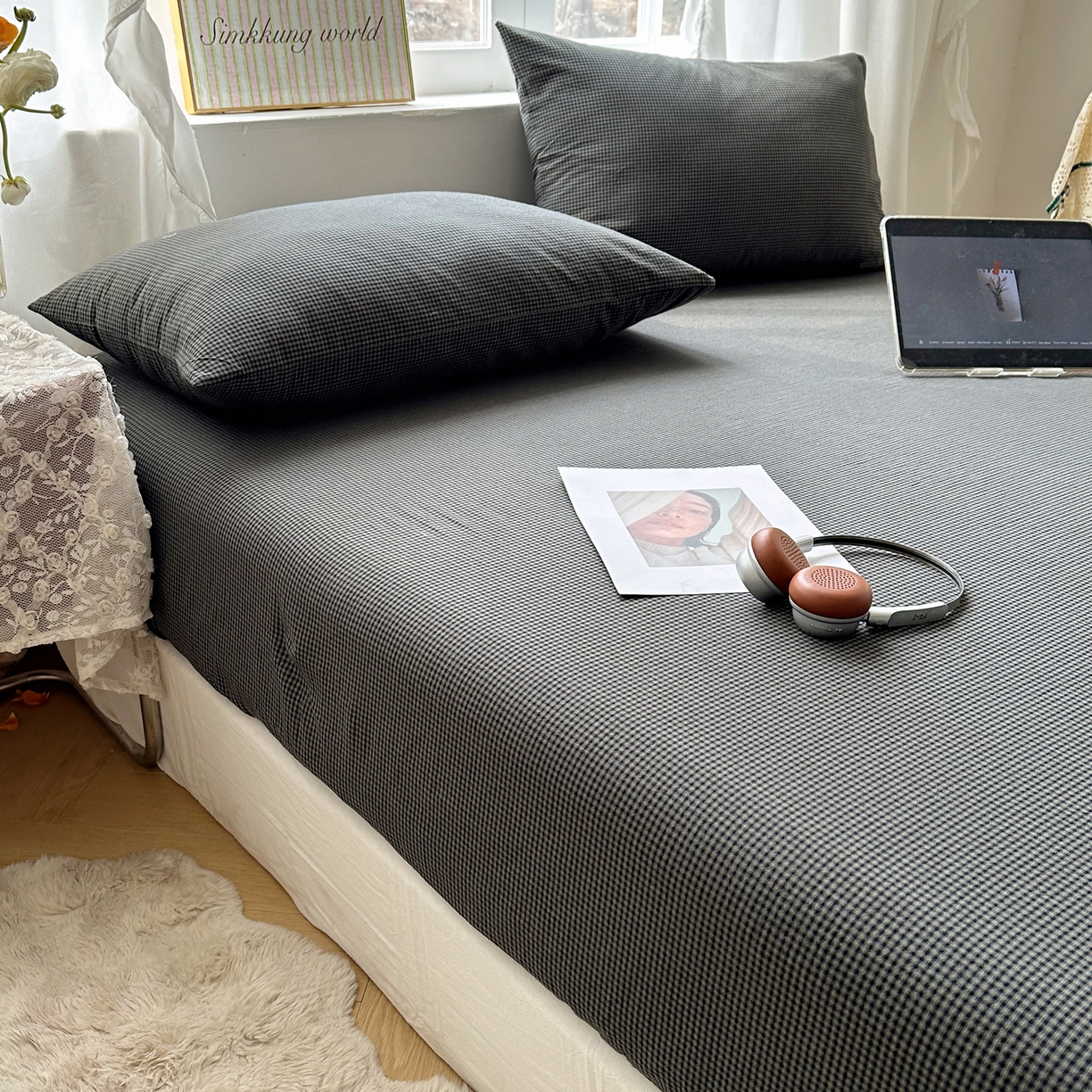 91家纺网 家纺一手货源 找家纺 六巷胡同 2026新款A类全棉纯棉水洗棉色织格子单品床笠 床笠单件 觅影-黑格